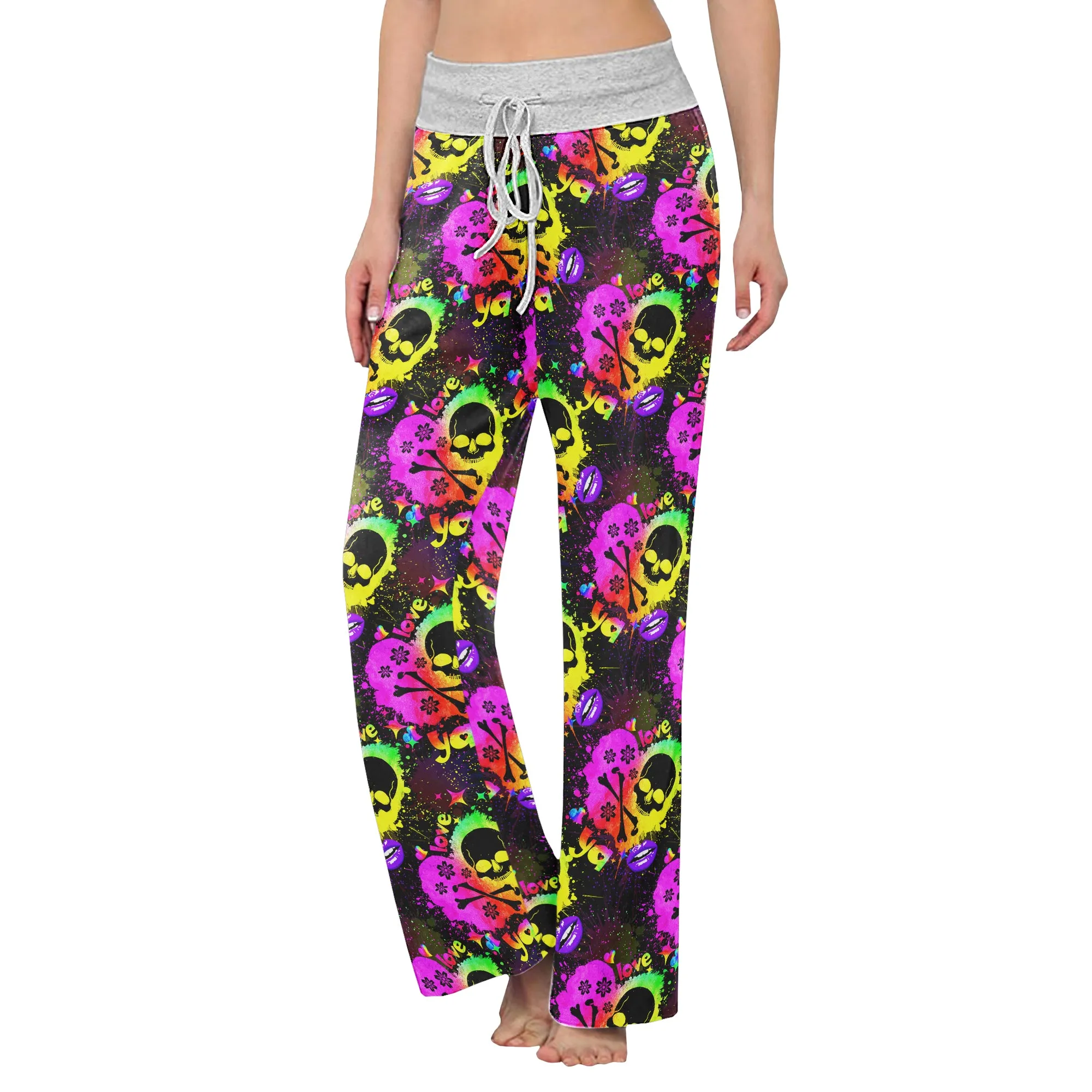 Rainbow Skull Heart Pattern Women's High-waisted Wide Leg Pants