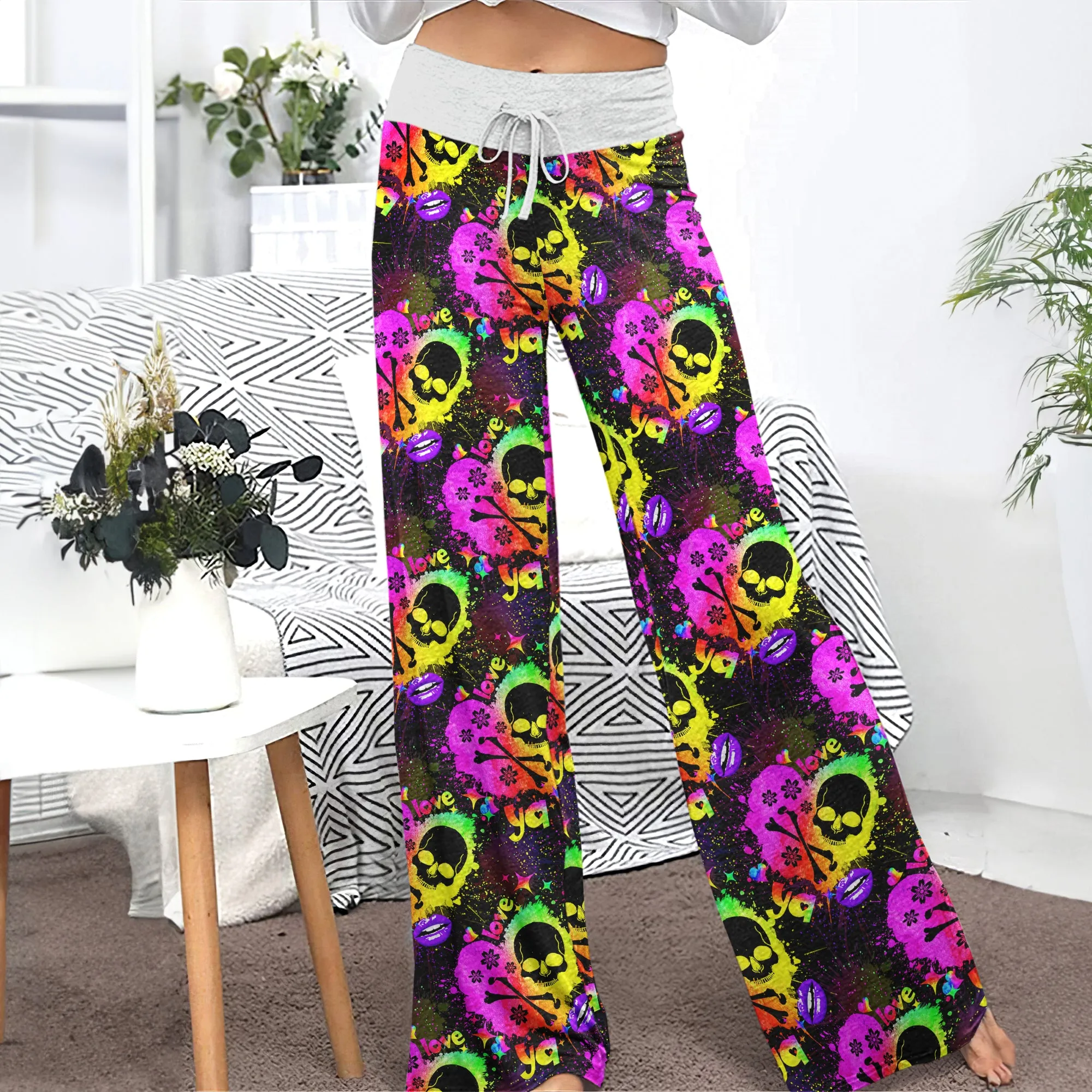 Rainbow Skull Heart Pattern Women's High-waisted Wide Leg Pants