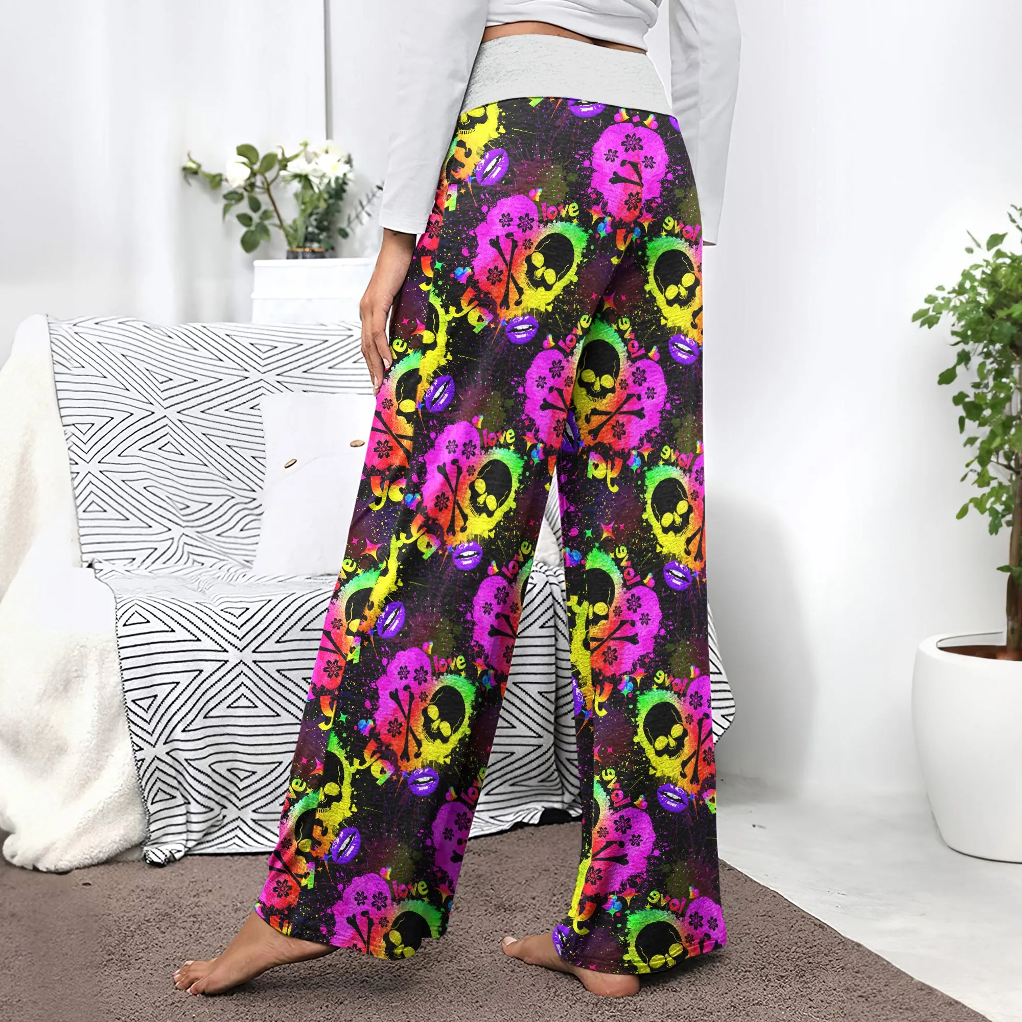 Rainbow Skull Heart Pattern Women's High-waisted Wide Leg Pants