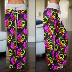 Rainbow Skull Heart Pattern Women's High-waisted Wide Leg Pants