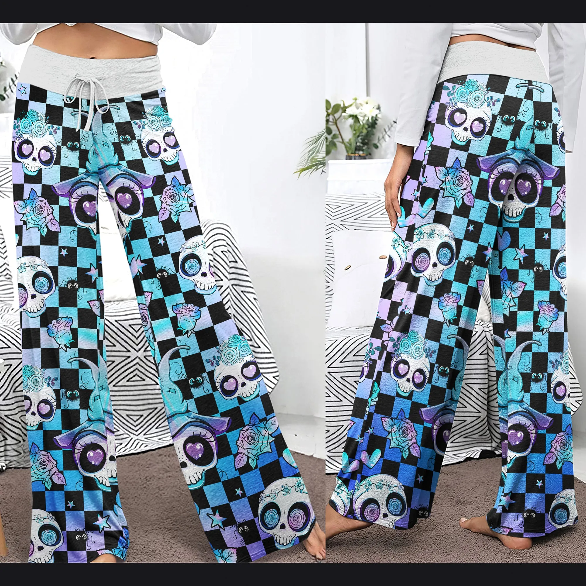 Rainbow Skull Rose Caro Women's High-waisted Wide Leg Pants