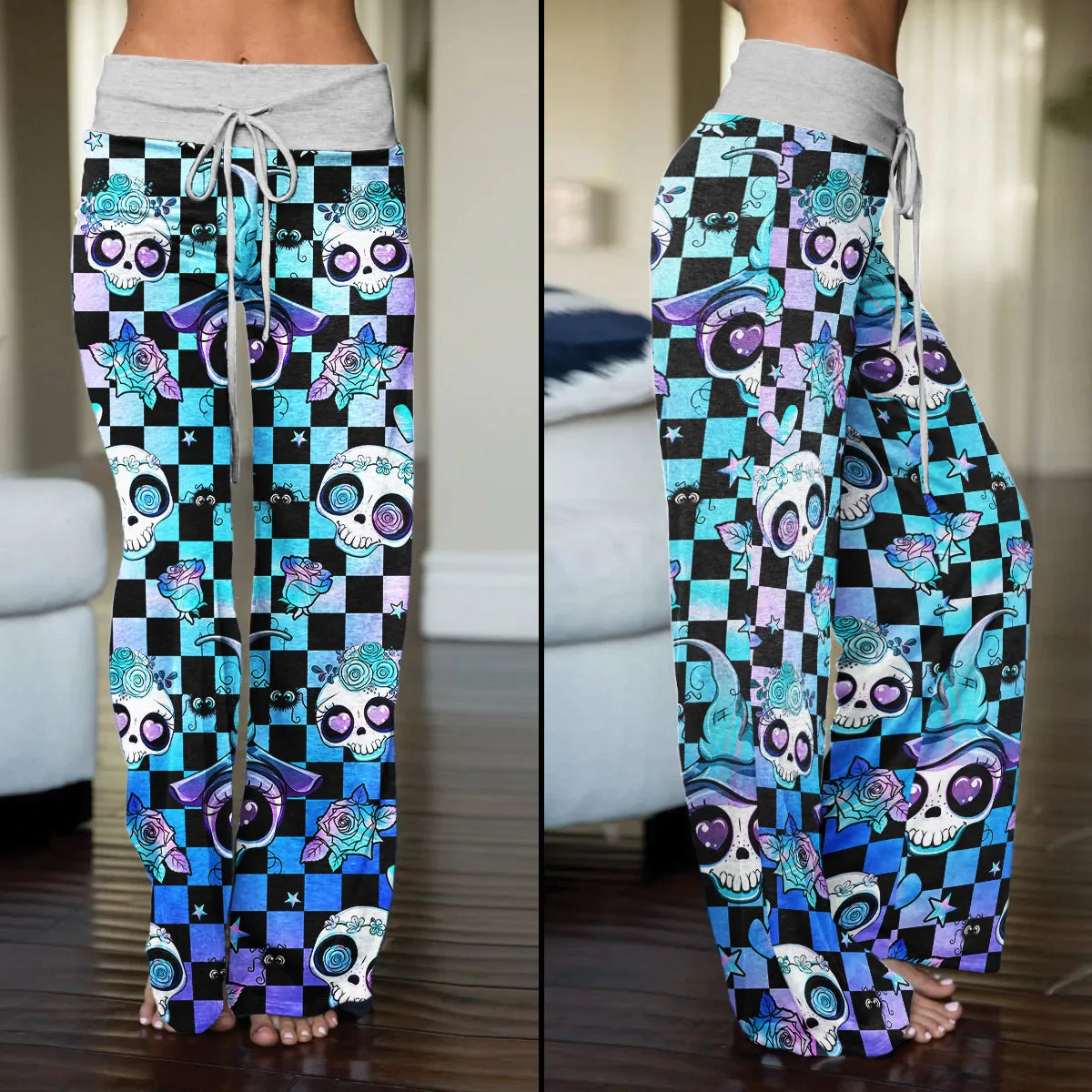 Rainbow Skull Rose Caro Women's High-waisted Wide Leg Pants