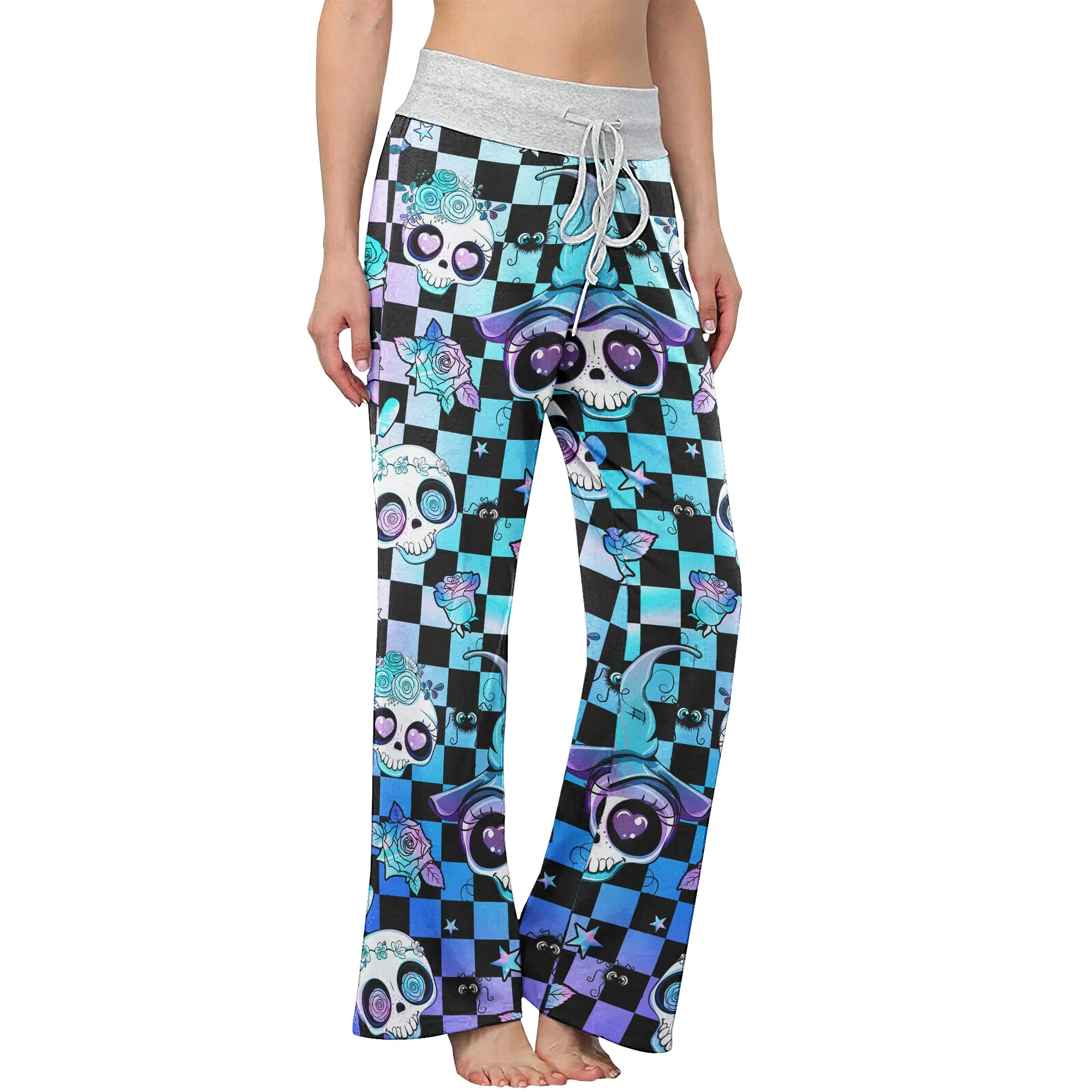 Rainbow Skull Rose Caro Women's High-waisted Wide Leg Pants
