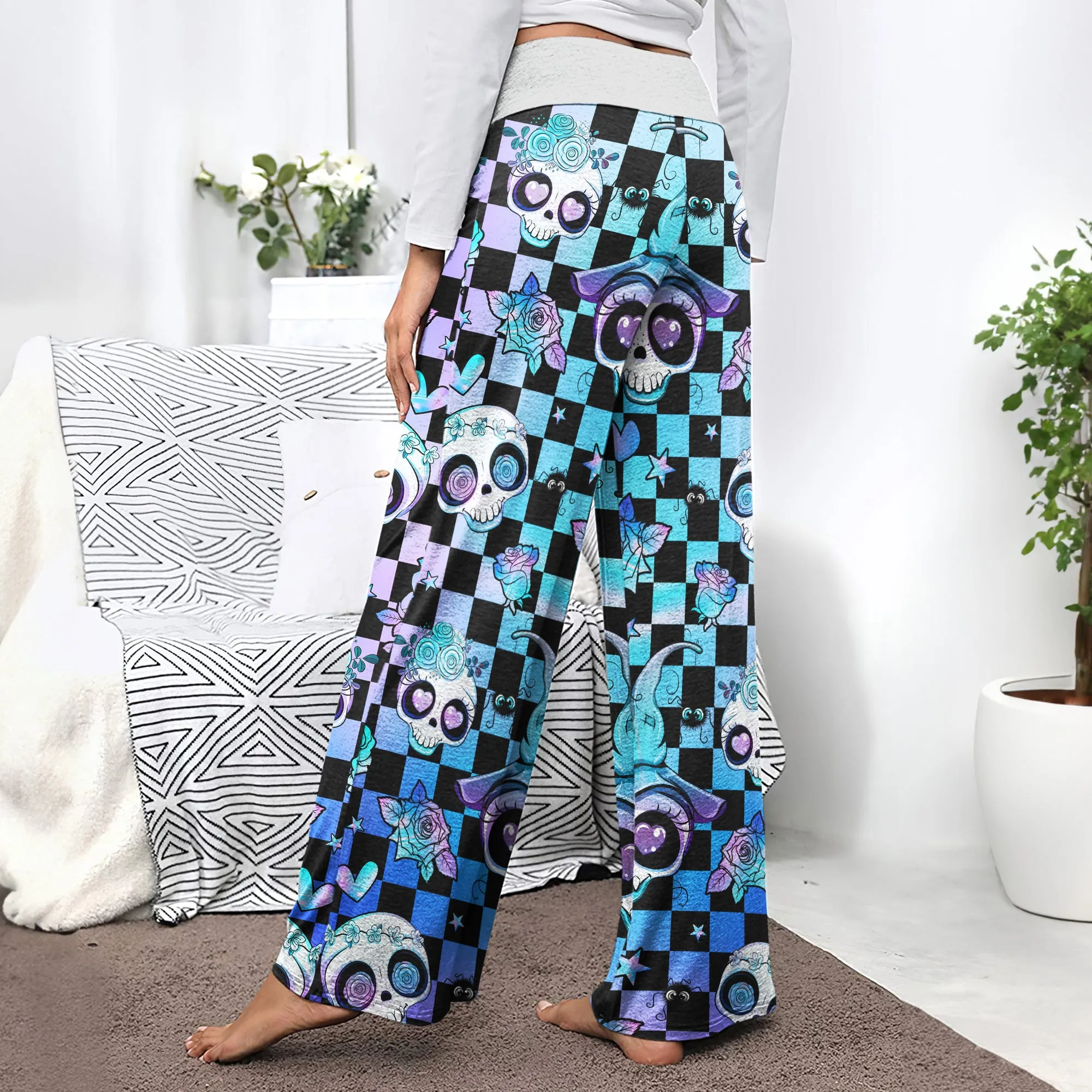 Rainbow Skull Rose Caro Women's High-waisted Wide Leg Pants