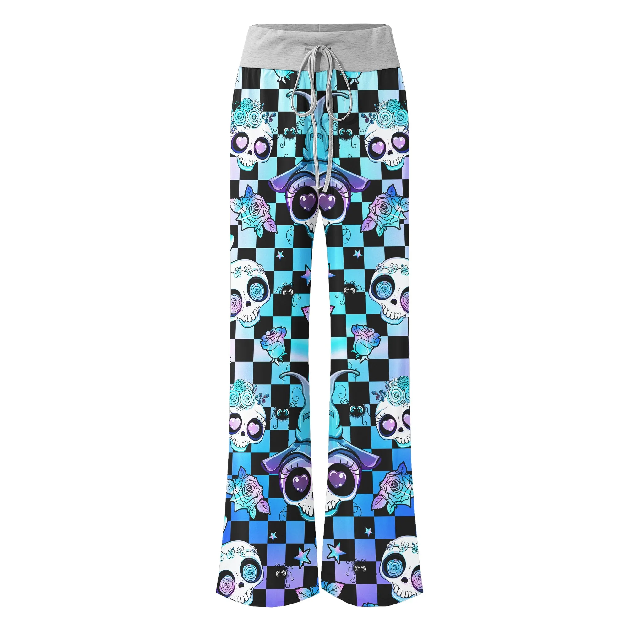 Rainbow Skull Rose Caro Women's High-waisted Wide Leg Pants
