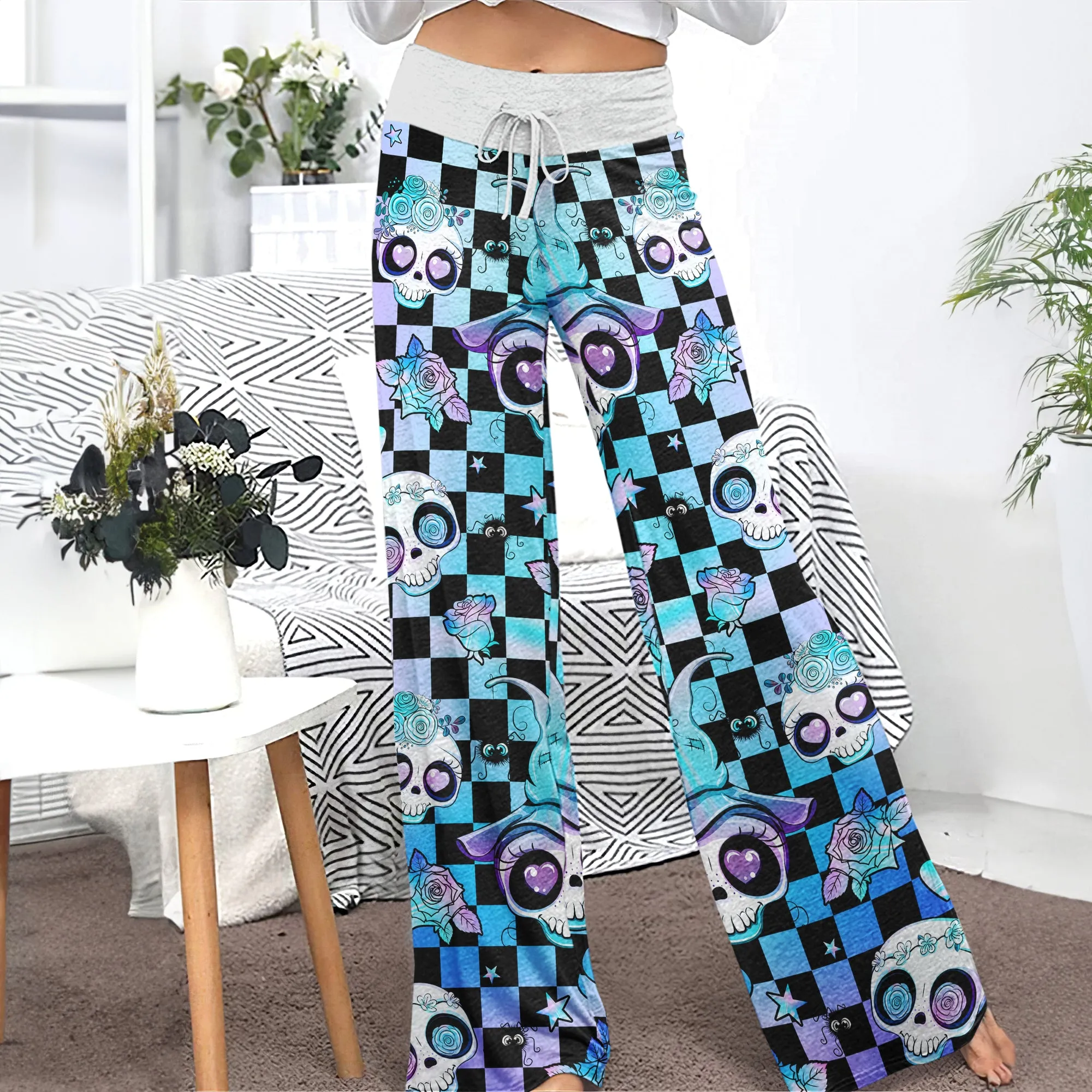Rainbow Skull Rose Caro Women's High-waisted Wide Leg Pants