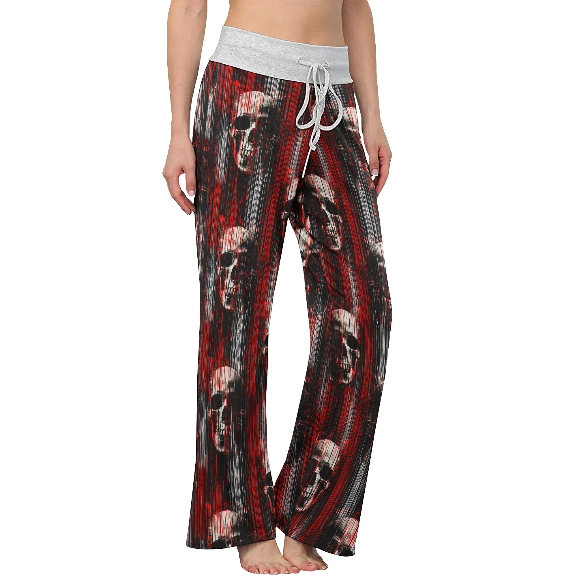 Red Horror Skull Pattern Women's High-waisted Wide Leg Pants