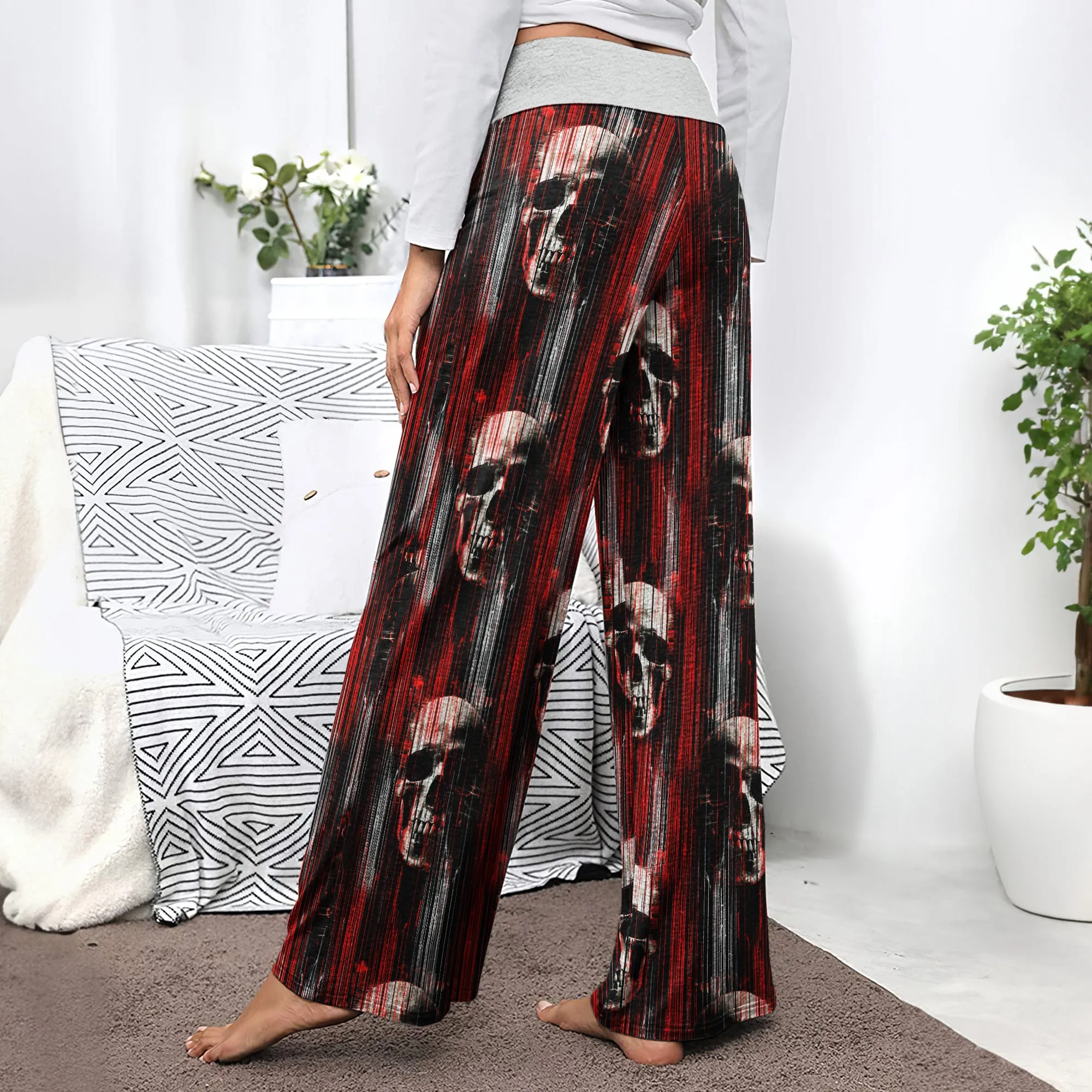 Red Horror Skull Pattern Women's High-waisted Wide Leg Pants