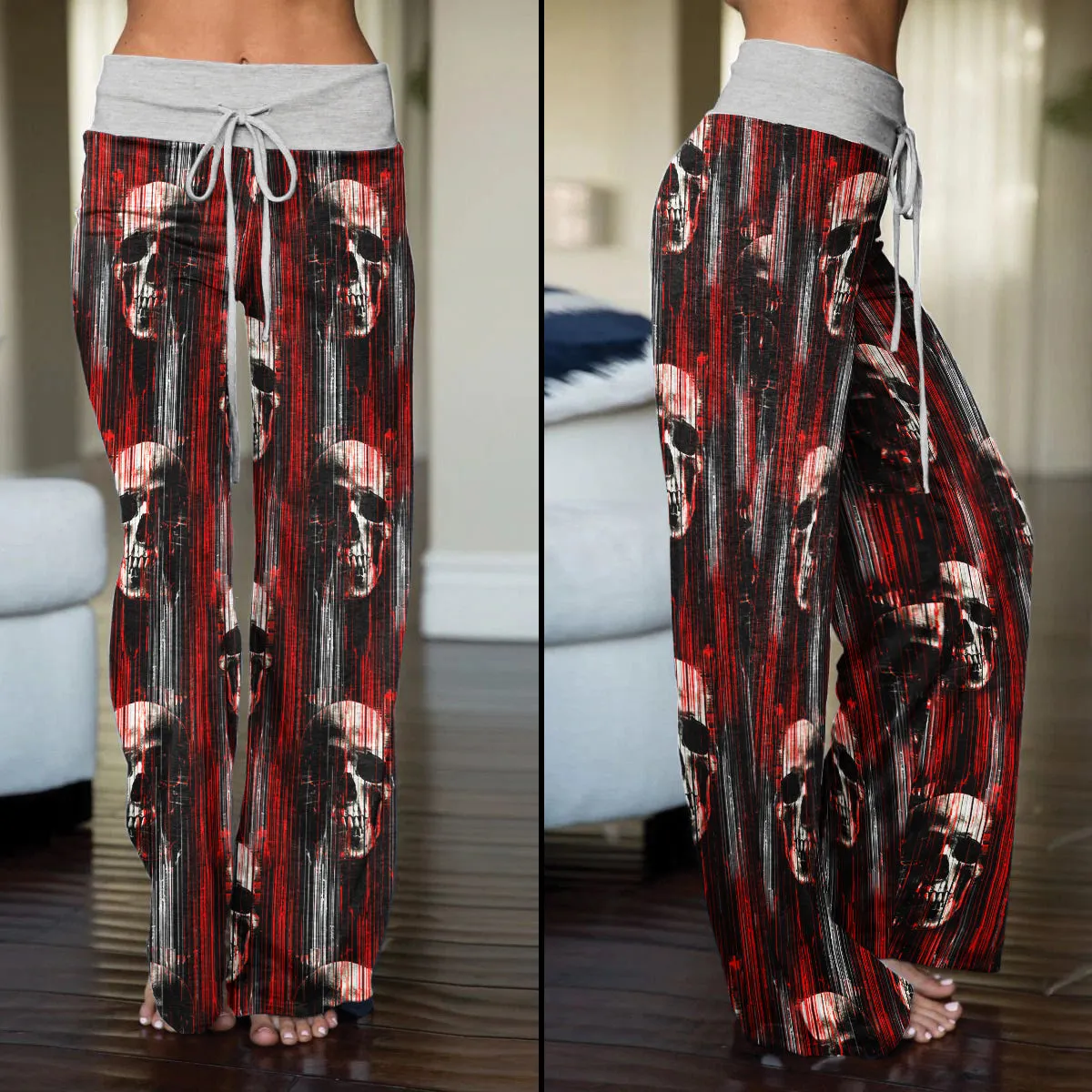 Red Horror Skull Pattern Women's High-waisted Wide Leg Pants