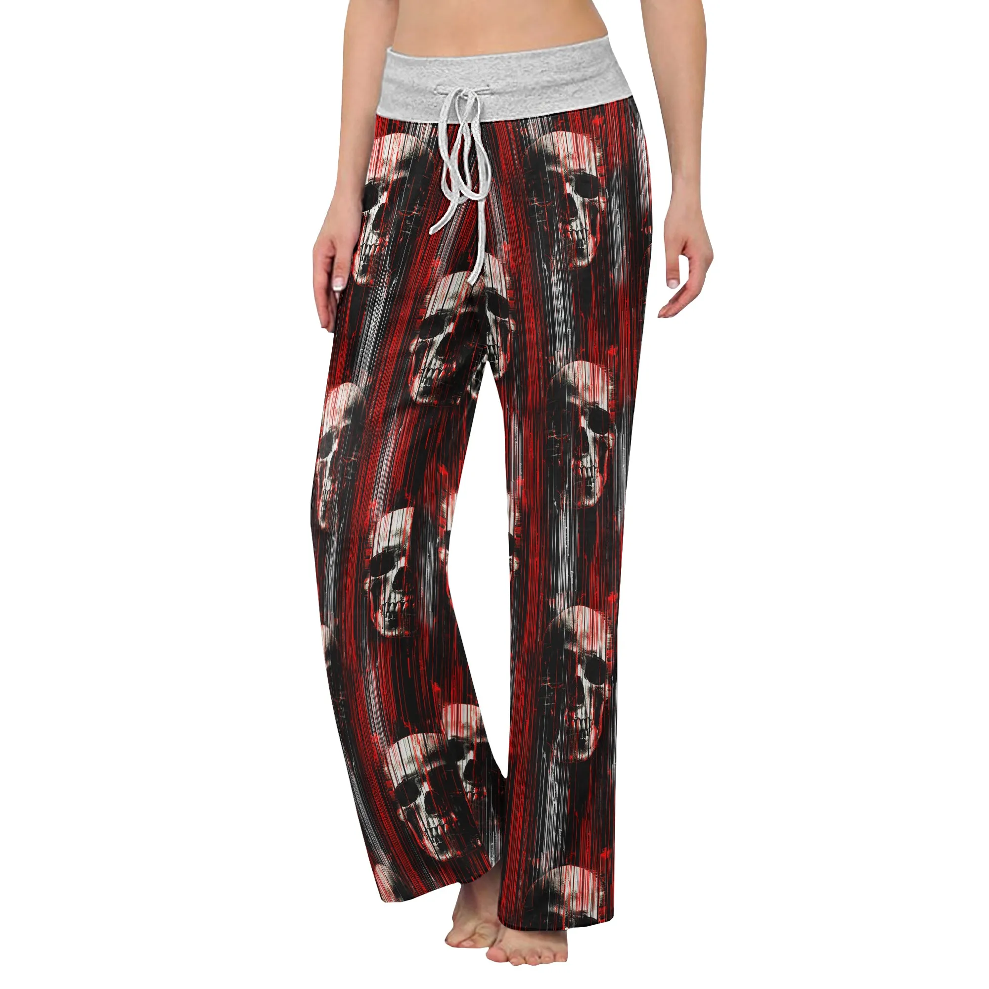 Red Horror Skull Pattern Women's High-waisted Wide Leg Pants