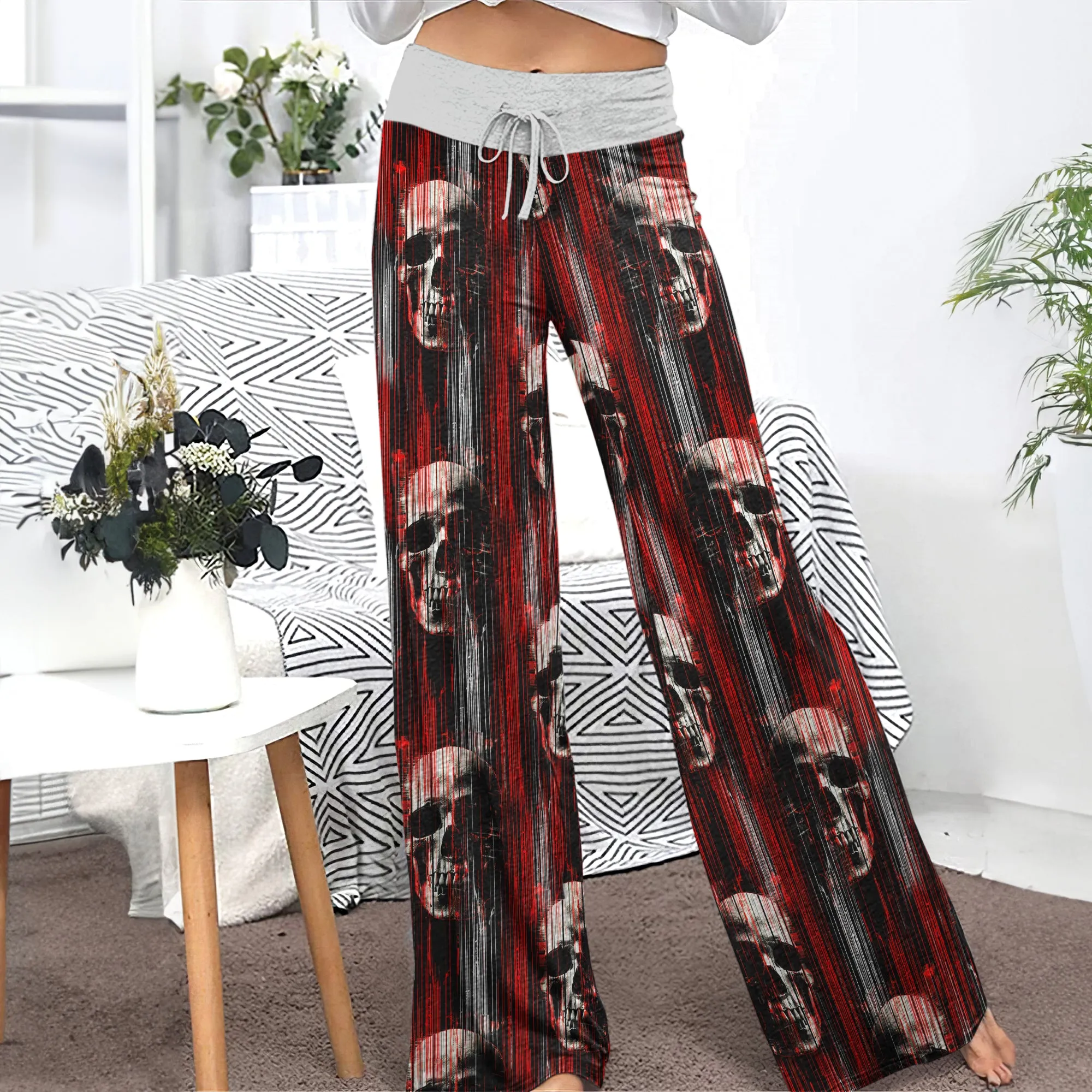 Red Horror Skull Pattern Women's High-waisted Wide Leg Pants