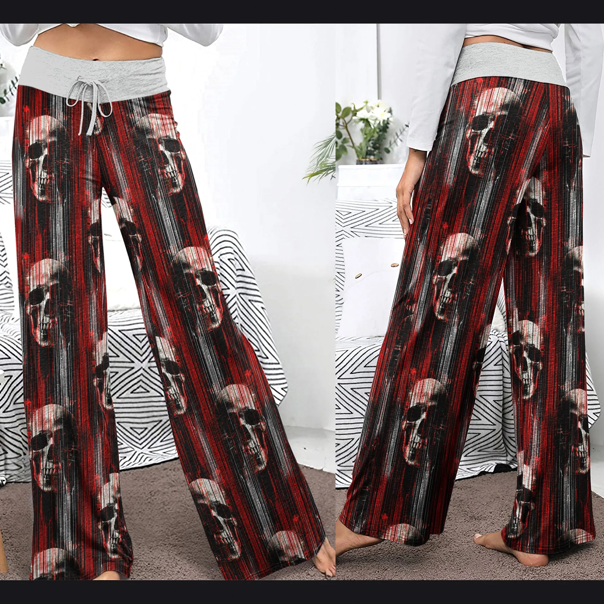 Red Horror Skull Pattern Women's High-waisted Wide Leg Pants