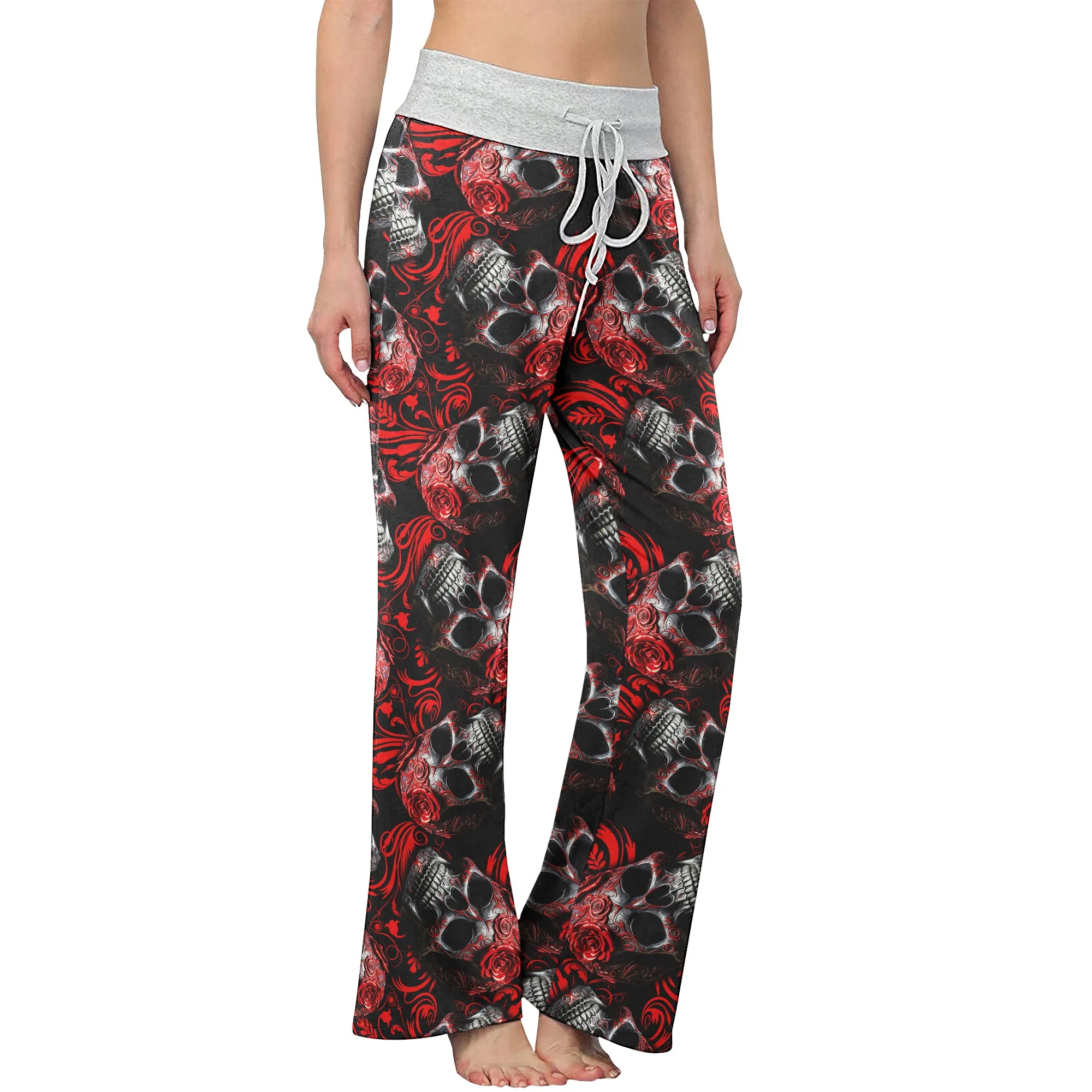 Red Skull Ornament Gothic Women's High-waisted Wide Leg Pants