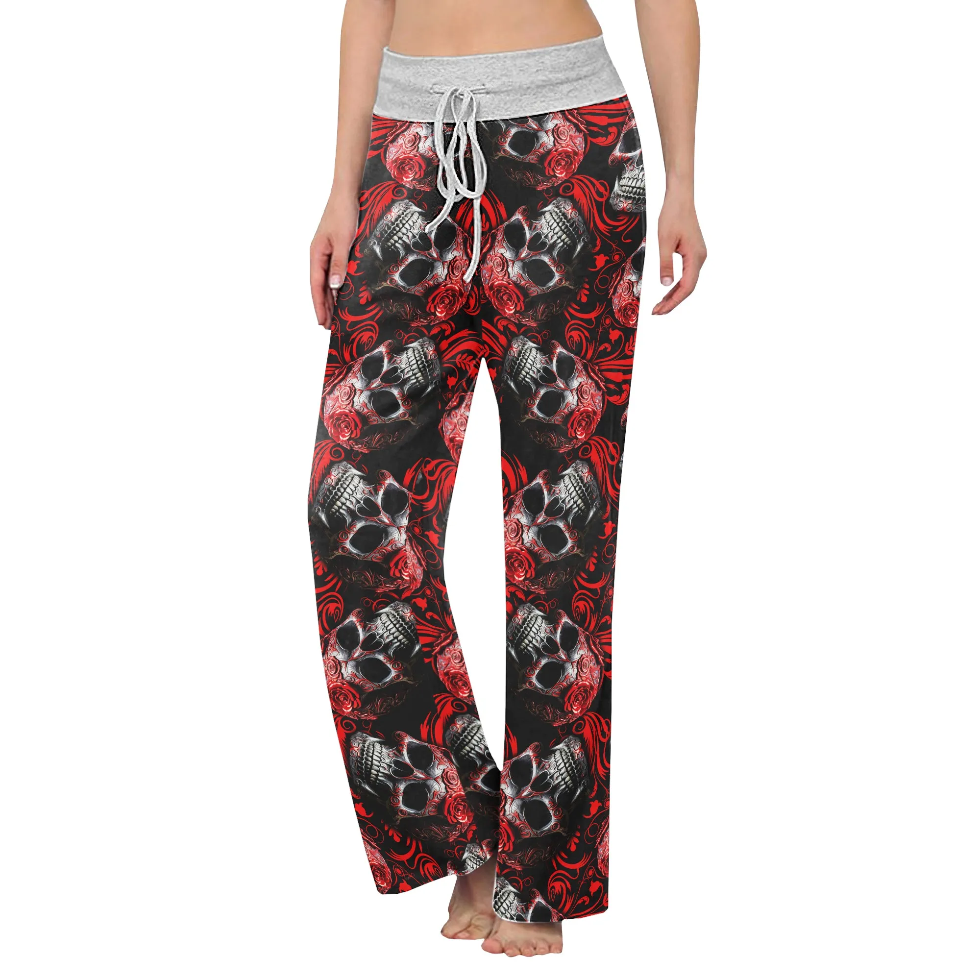 Red Skull Ornament Gothic Women's High-waisted Wide Leg Pants
