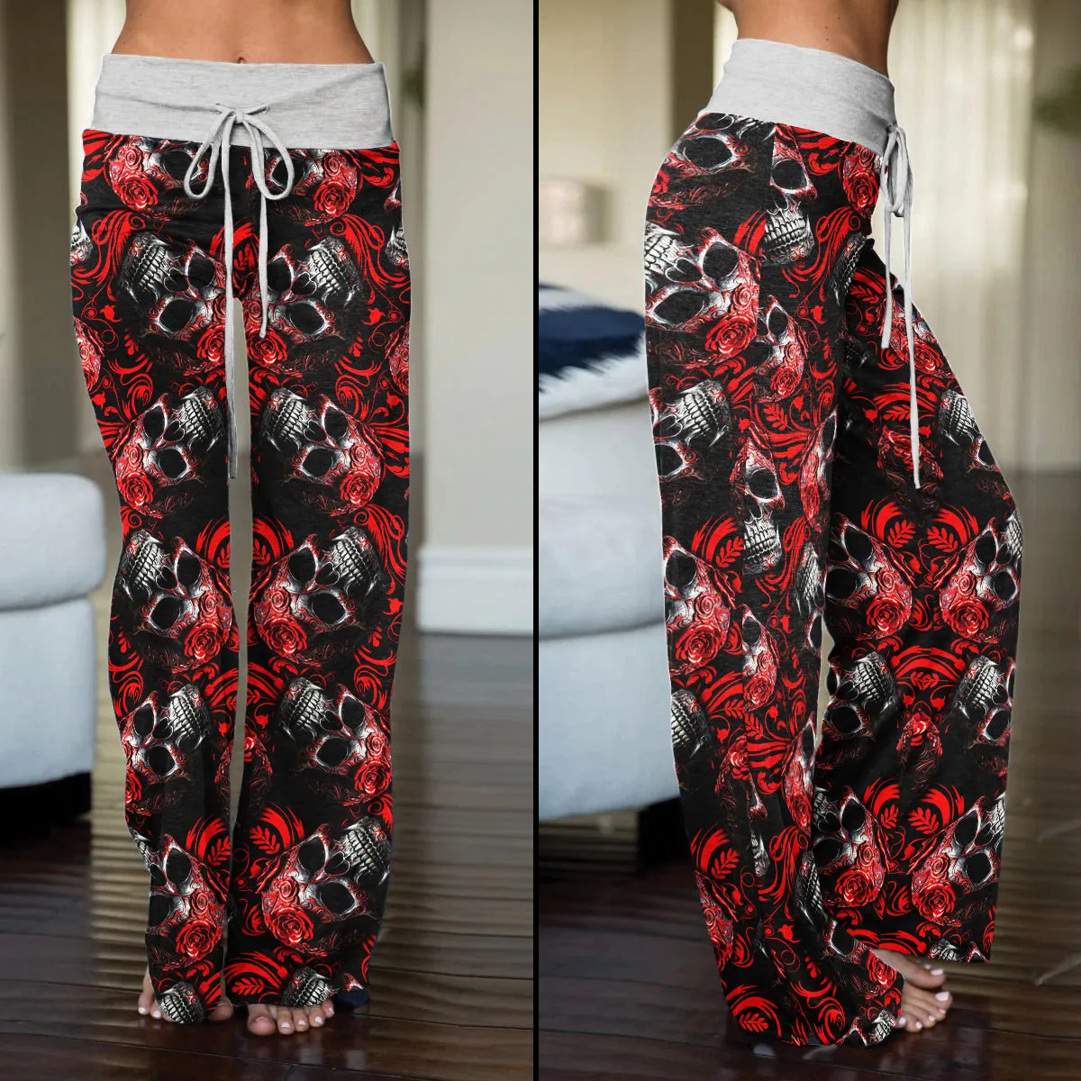Red Skull Ornament Gothic Women's High-waisted Wide Leg Pants