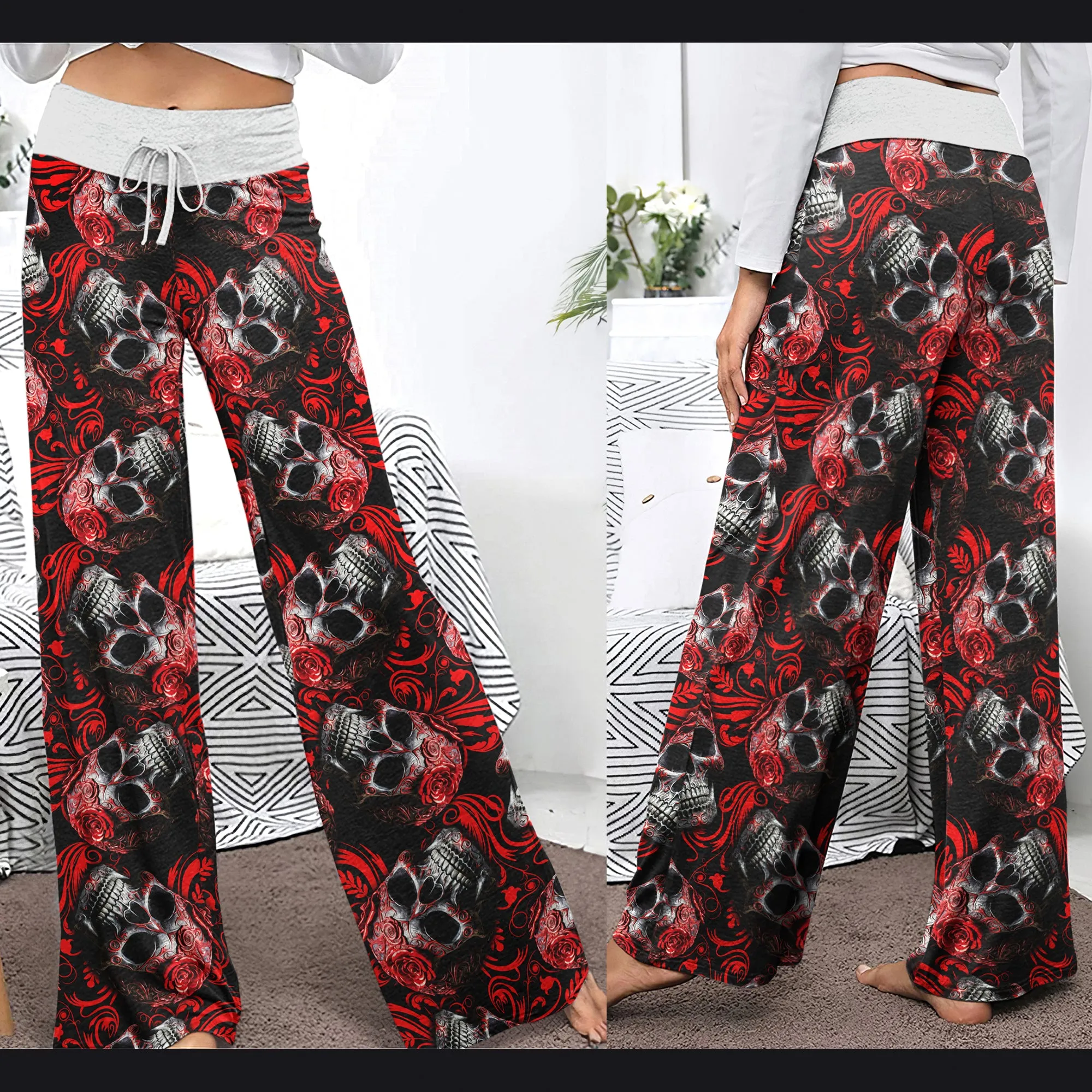 Red Skull Ornament Gothic Women's High-waisted Wide Leg Pants