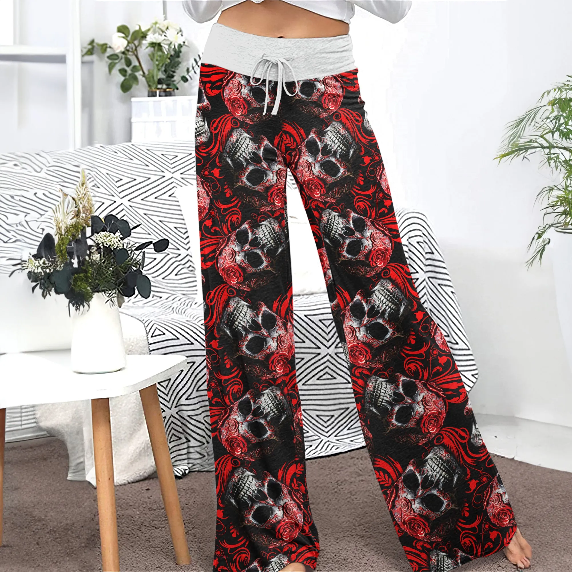 Red Skull Ornament Gothic Women's High-waisted Wide Leg Pants
