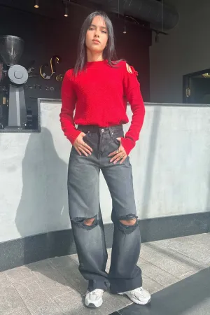 Ripped Wide-Leg Jeans - Black Charcoal