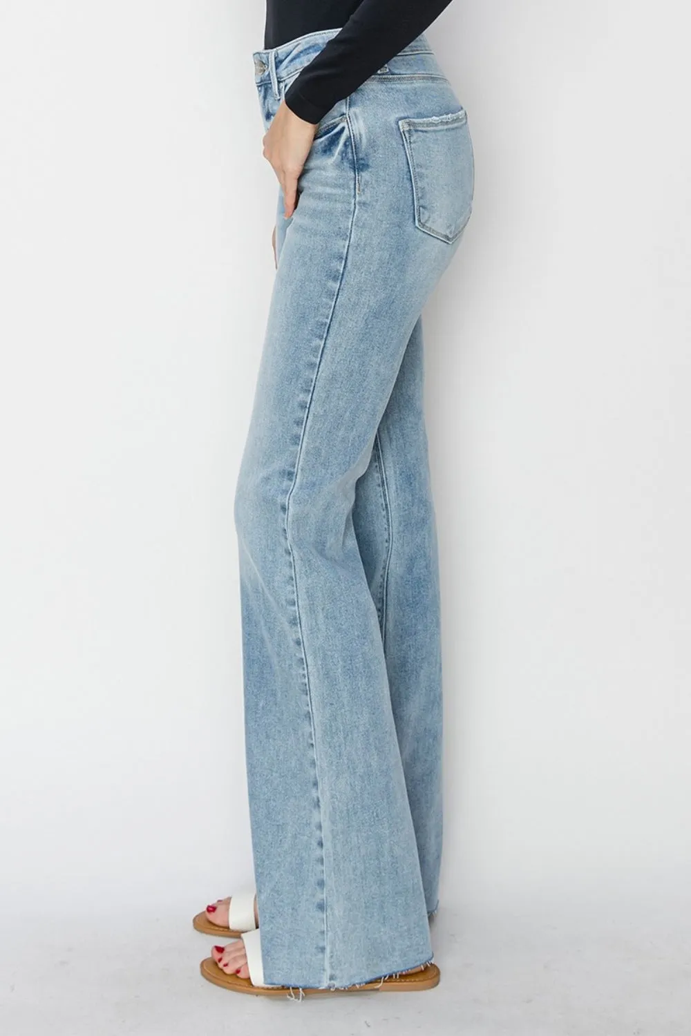 RISEN High Rise Raw Cut Hem Light Wash Bootcut Jeans