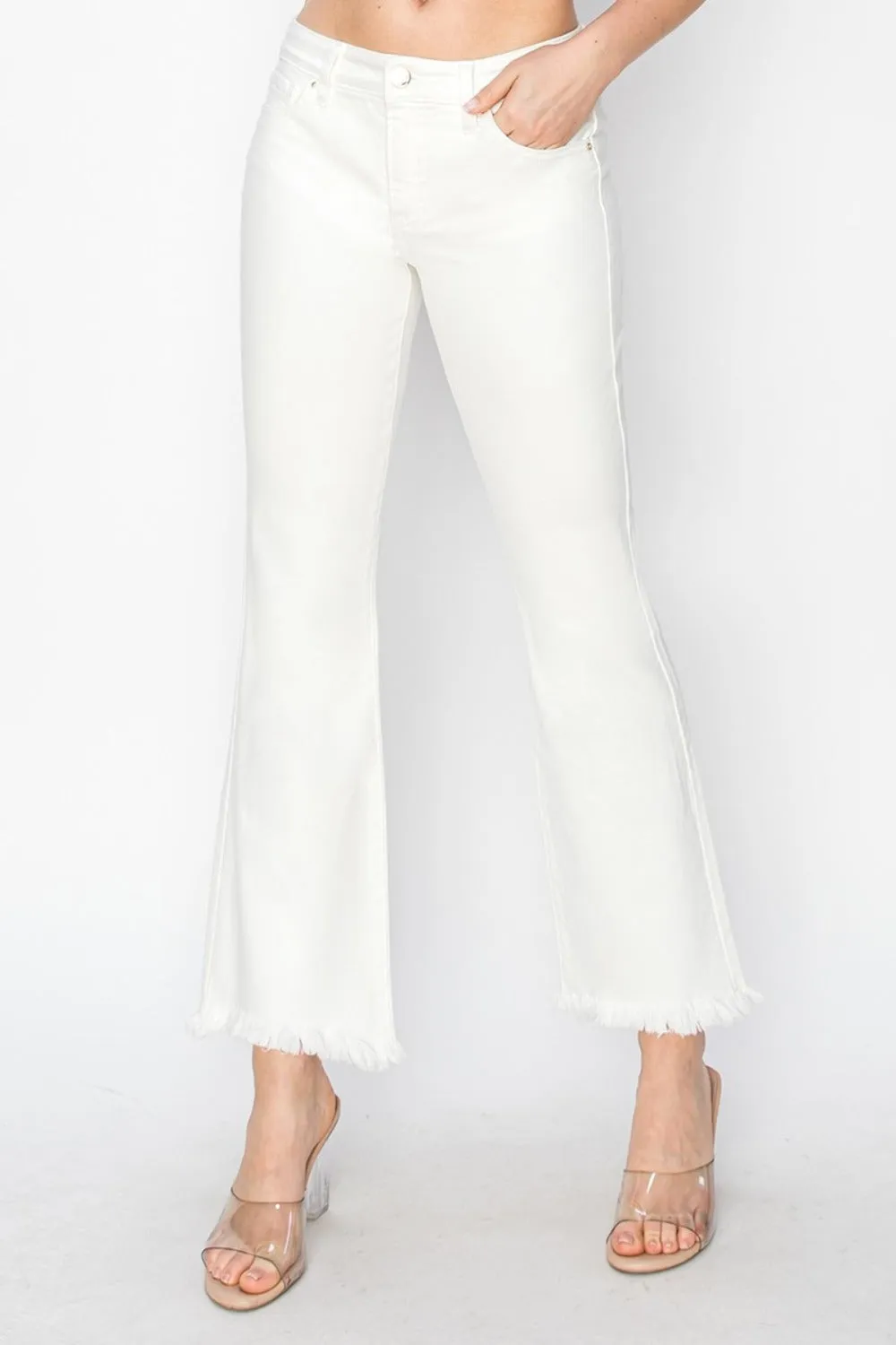 RISEN High-Rise Waist Skinny Fit Denim Pants Cropped Flare Step Hem White Jeans