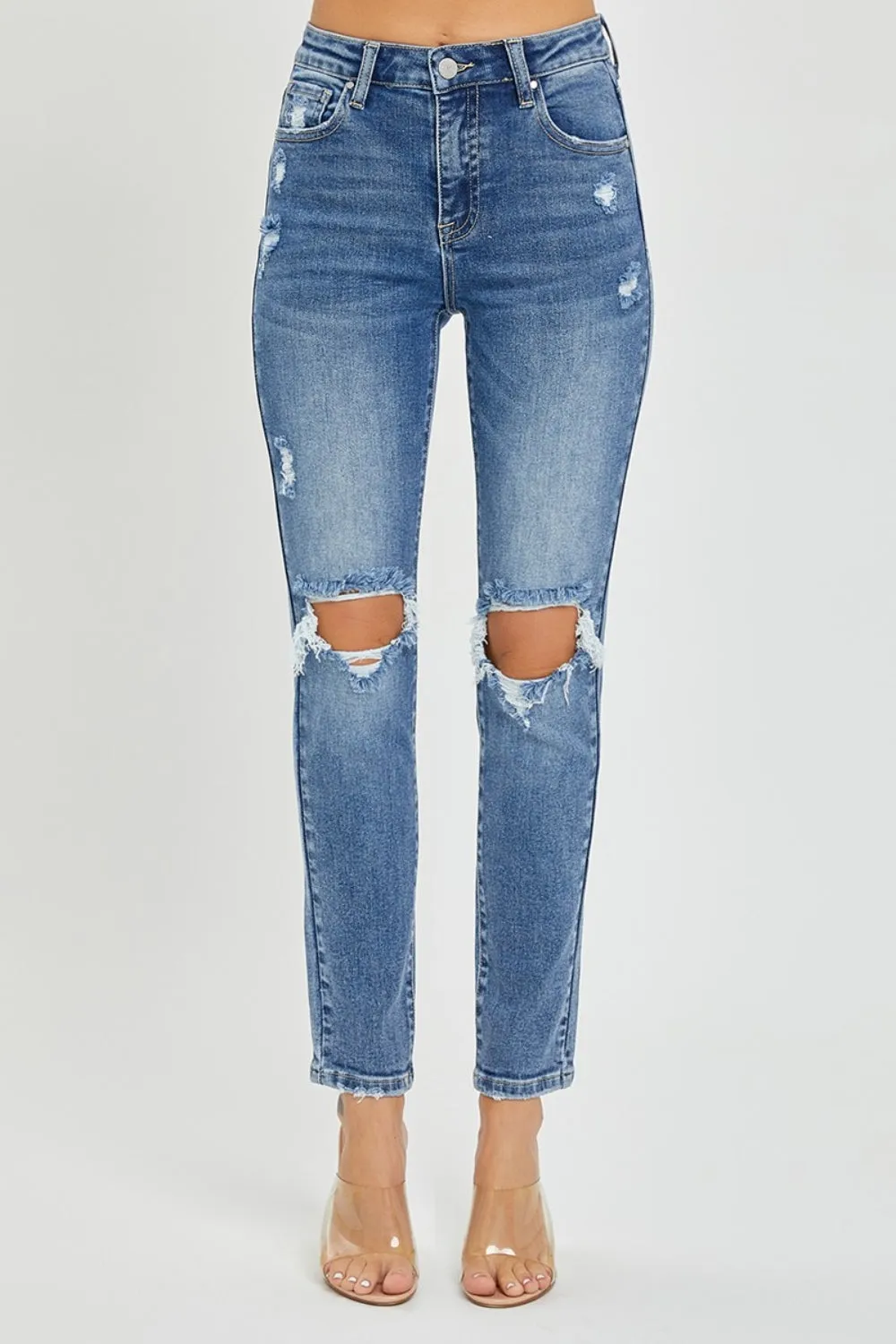 RISEN Skinny High-Rise Waist Denim Distressed Torn Hole Jeans Slim Ankle Pants
