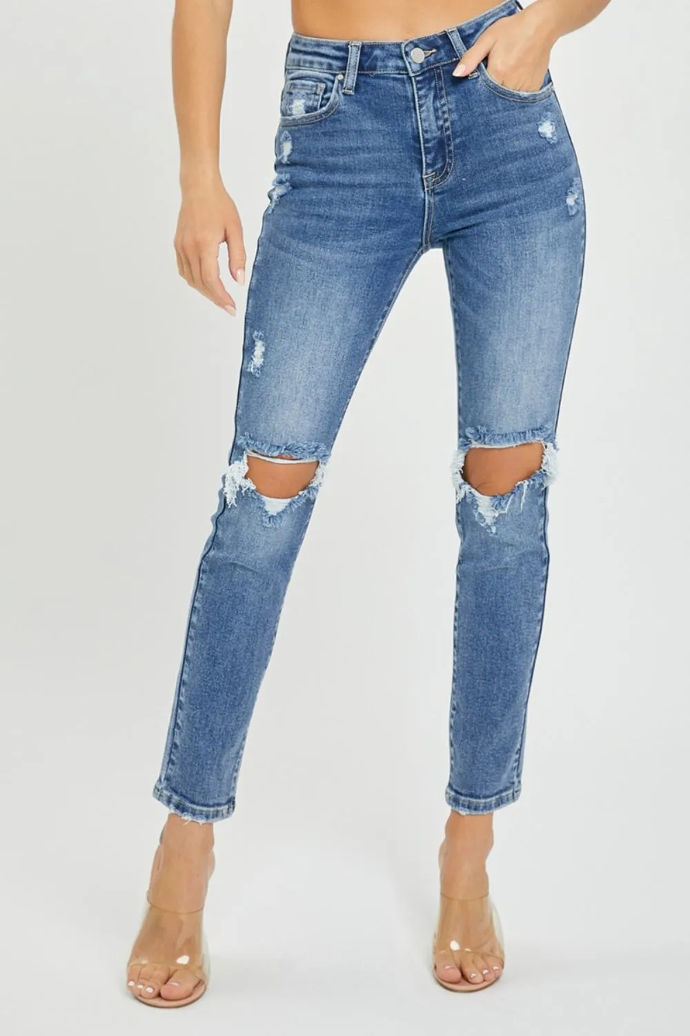 RISEN Skinny High-Rise Waist Denim Distressed Torn Hole Jeans Slim Ankle Pants