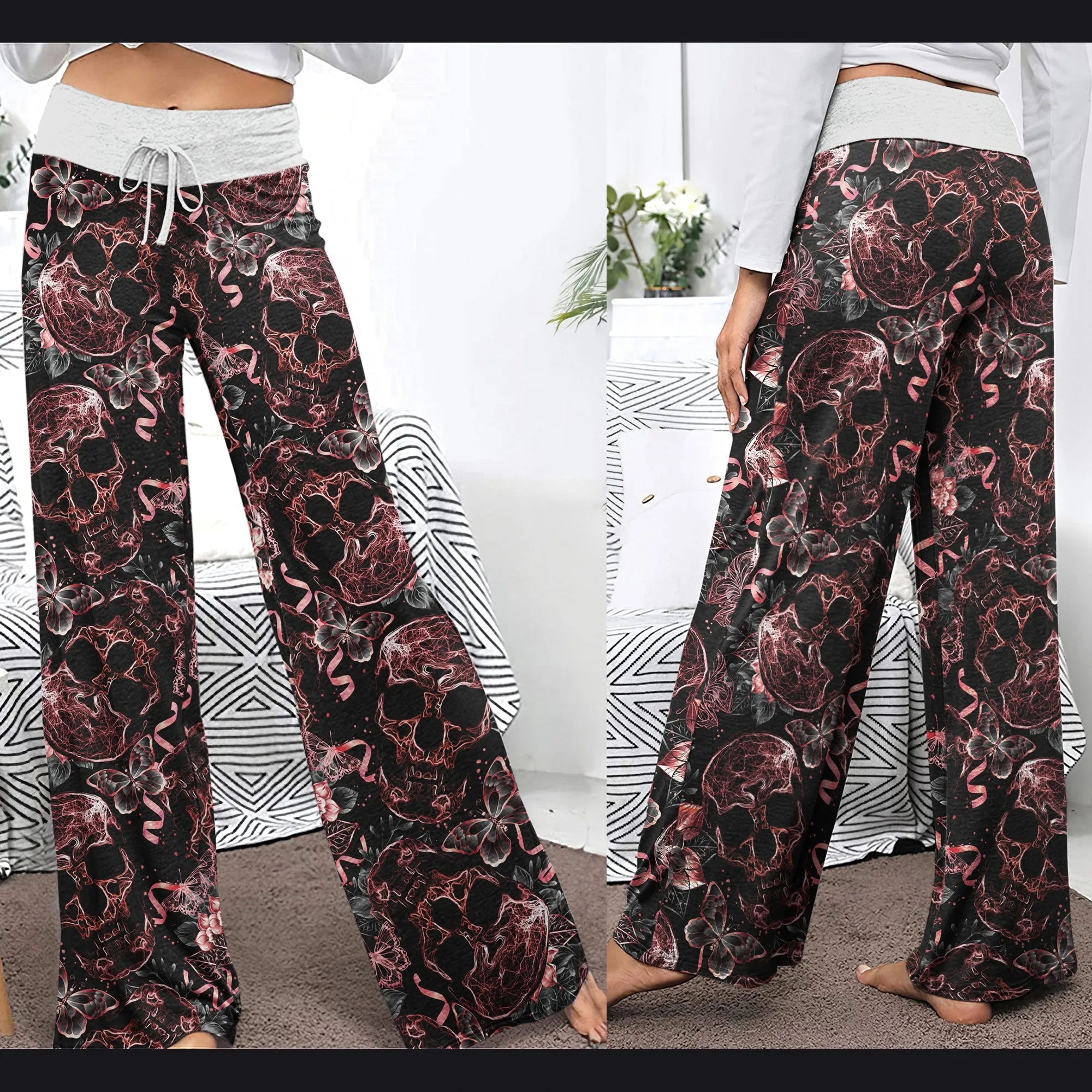 Skull Abstract Effect Butterfly Women's High-waisted Wide Leg Pants