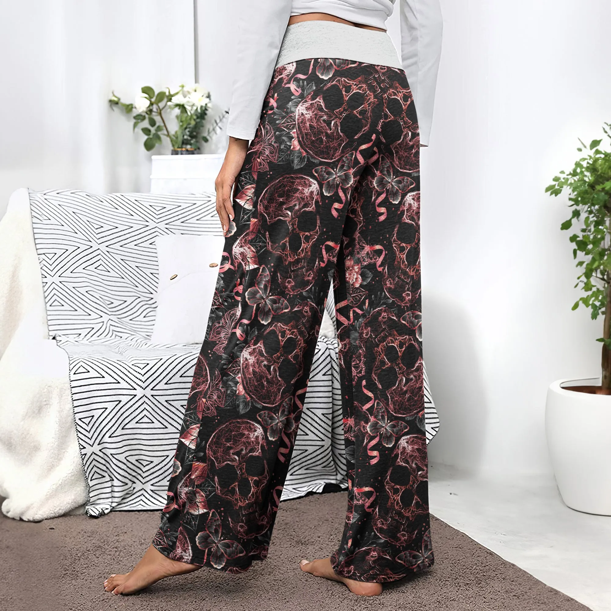 Skull Abstract Effect Butterfly Women's High-waisted Wide Leg Pants