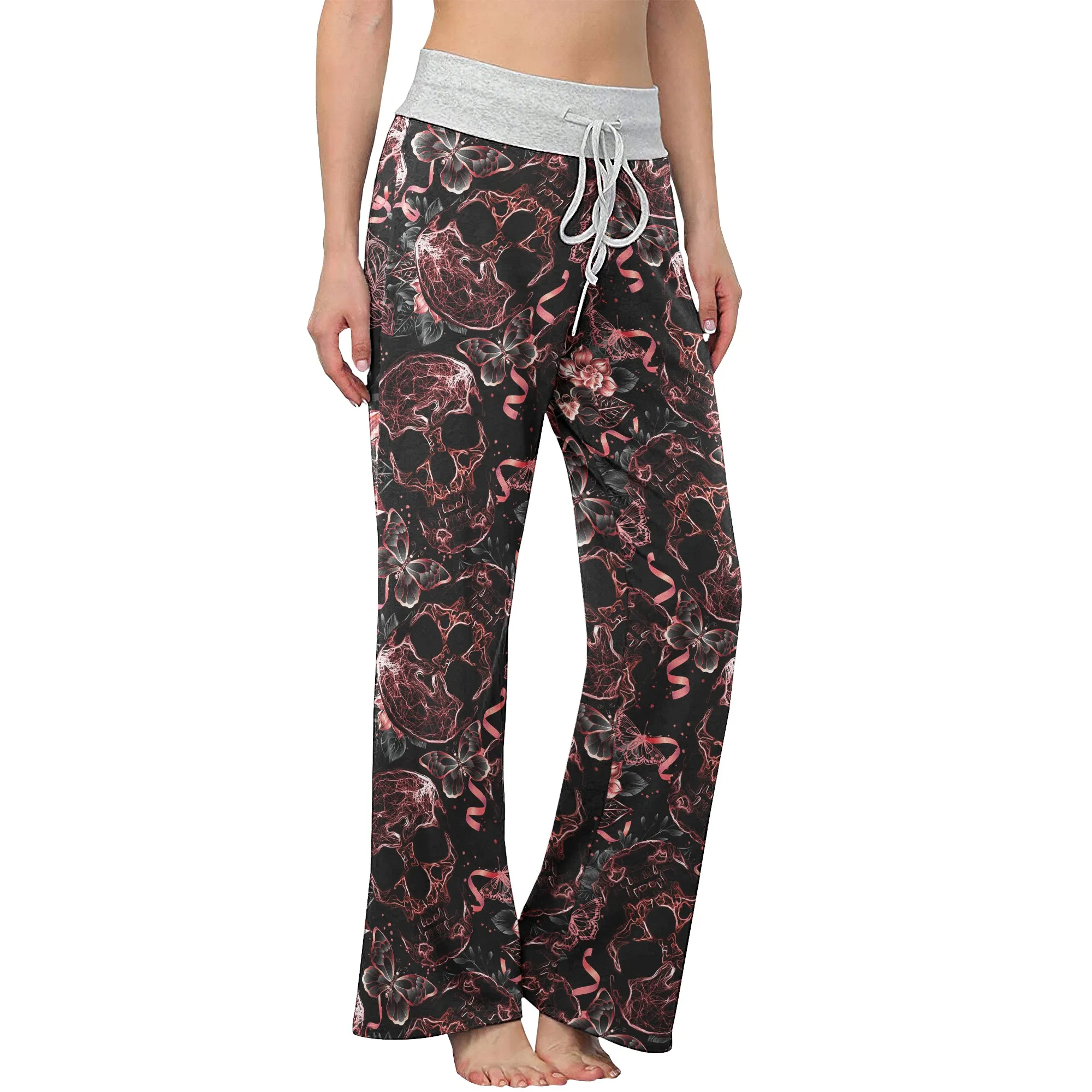 Skull Abstract Effect Butterfly Women's High-waisted Wide Leg Pants