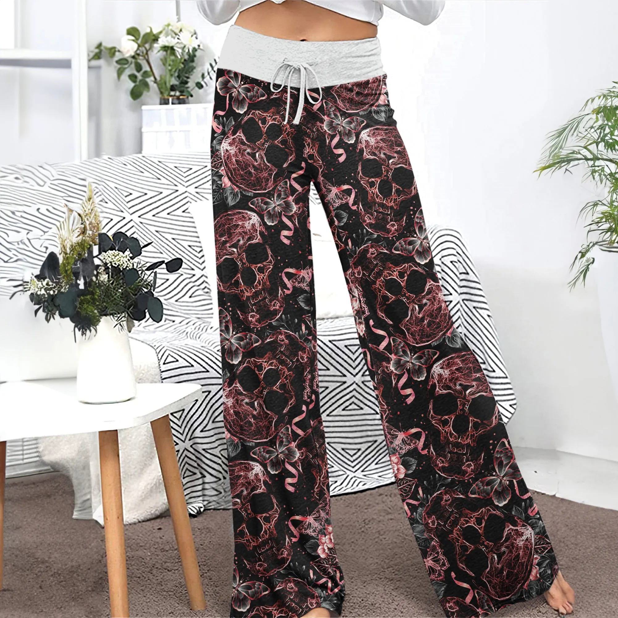Skull Abstract Effect Butterfly Women's High-waisted Wide Leg Pants