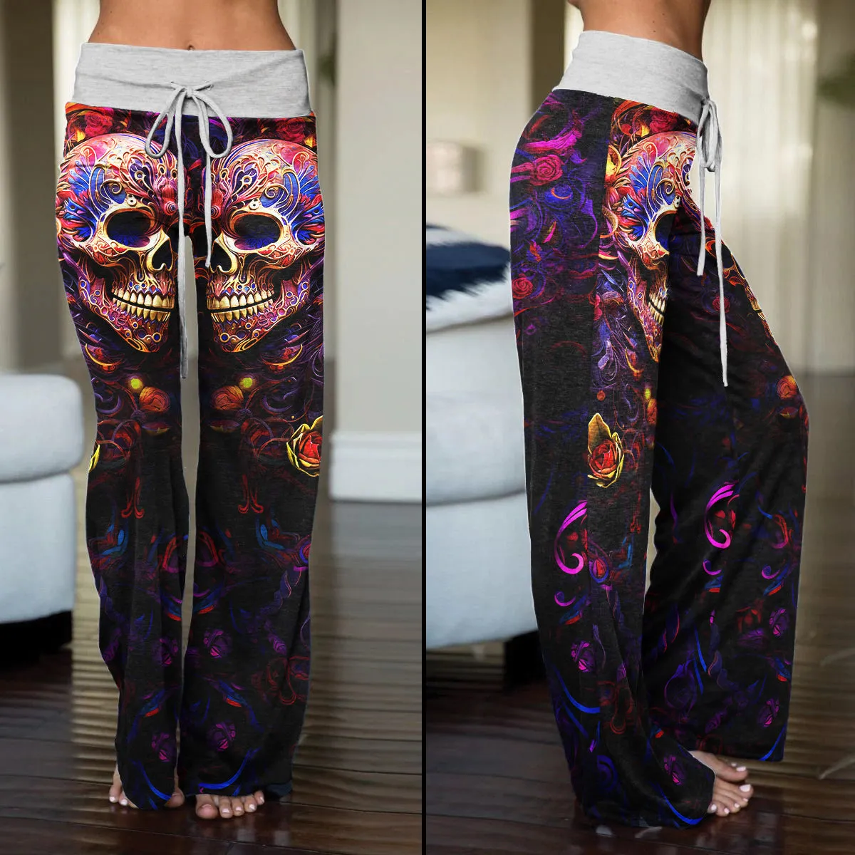 Skull Abstract Floral Art Women's High-waisted Wide Leg Pants