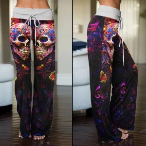 Skull Abstract Floral Art Women's High-waisted Wide Leg Pants