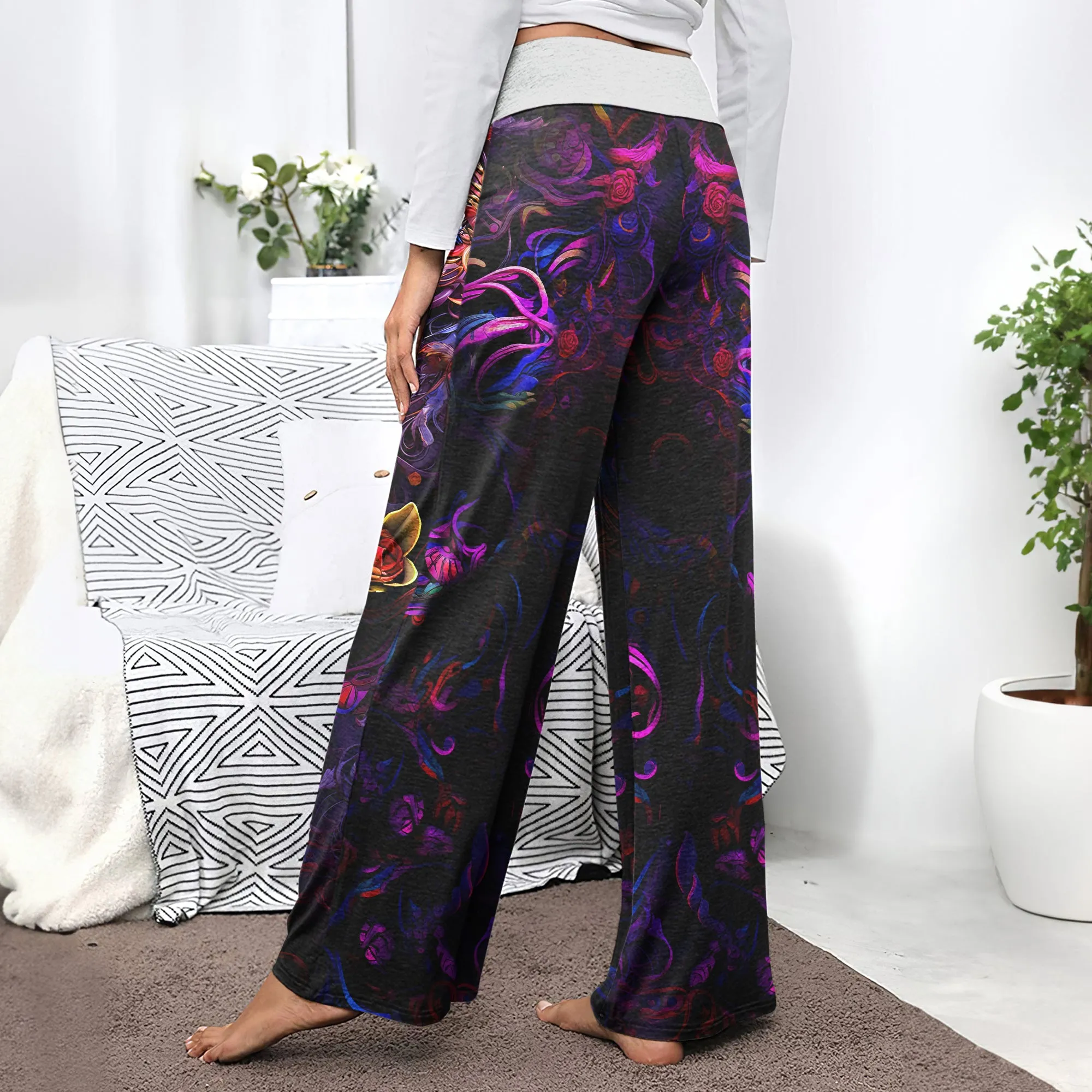 Skull Abstract Floral Art Women's High-waisted Wide Leg Pants