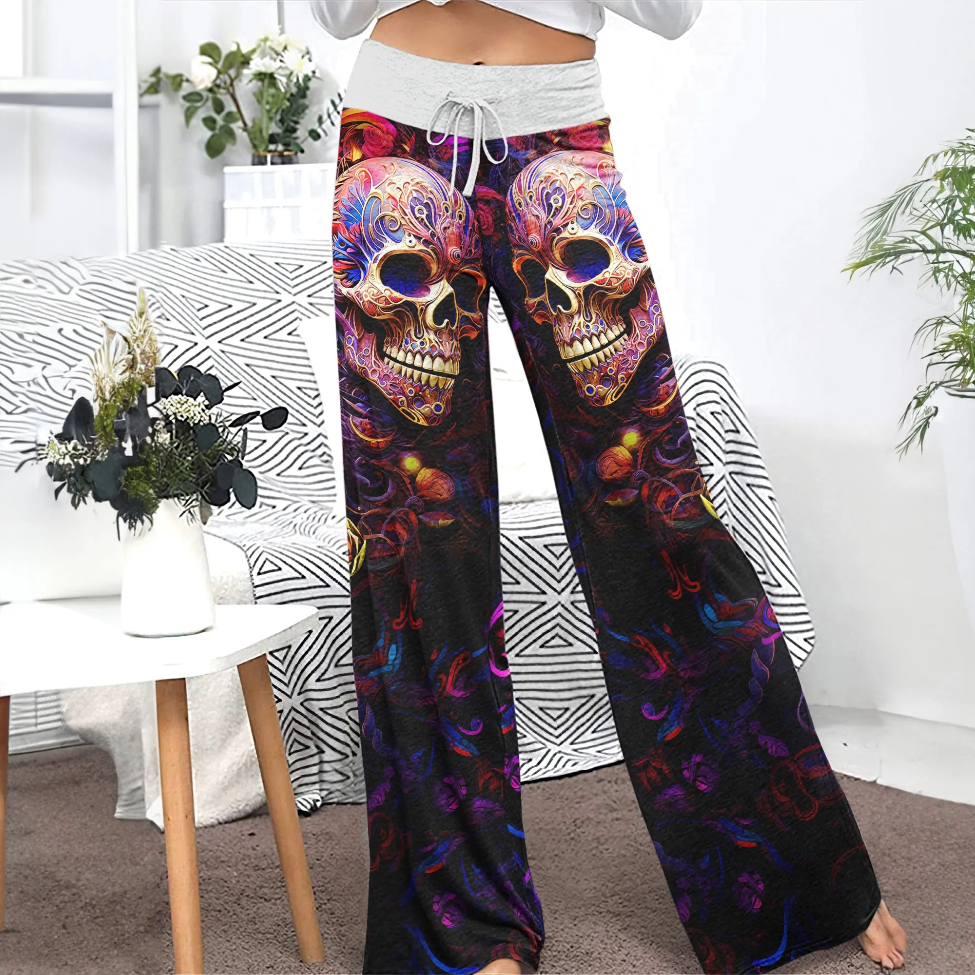 Skull Abstract Floral Art Women's High-waisted Wide Leg Pants