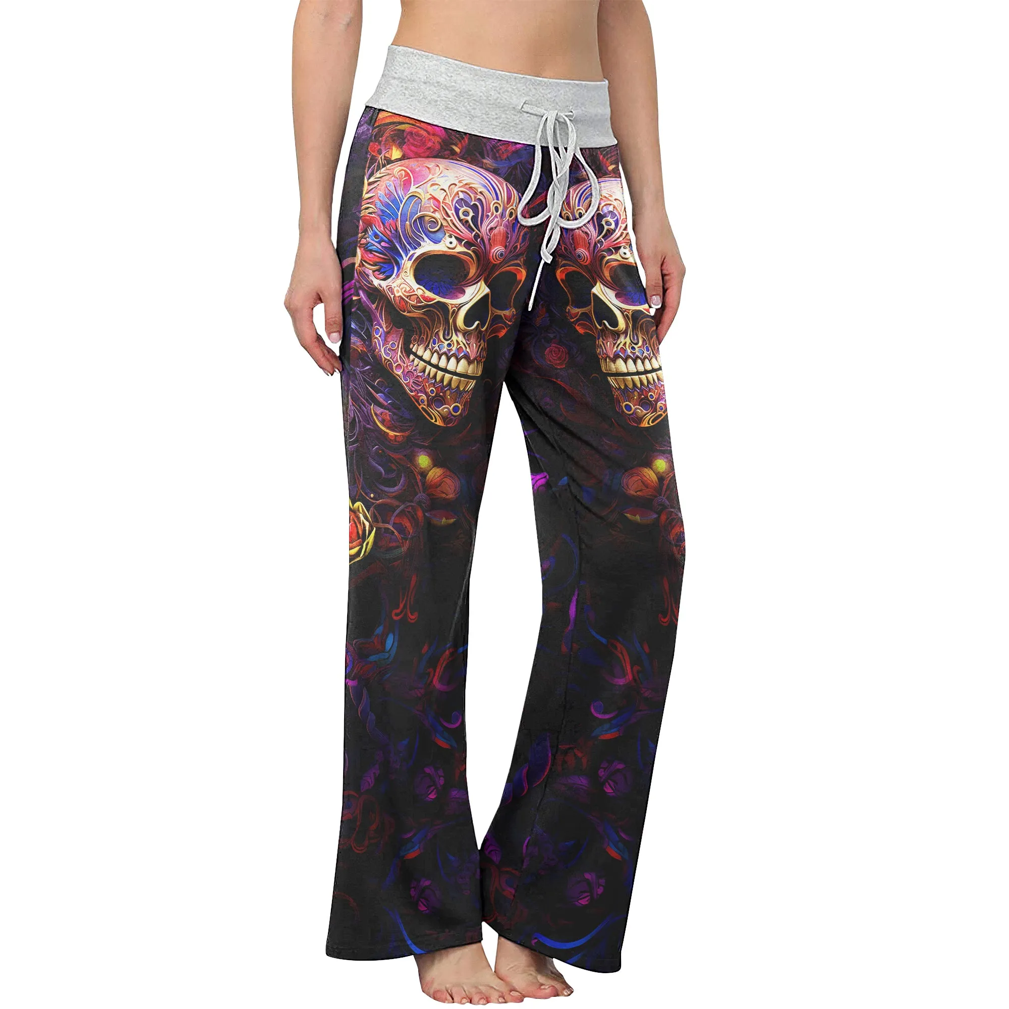 Skull Abstract Floral Art Women's High-waisted Wide Leg Pants