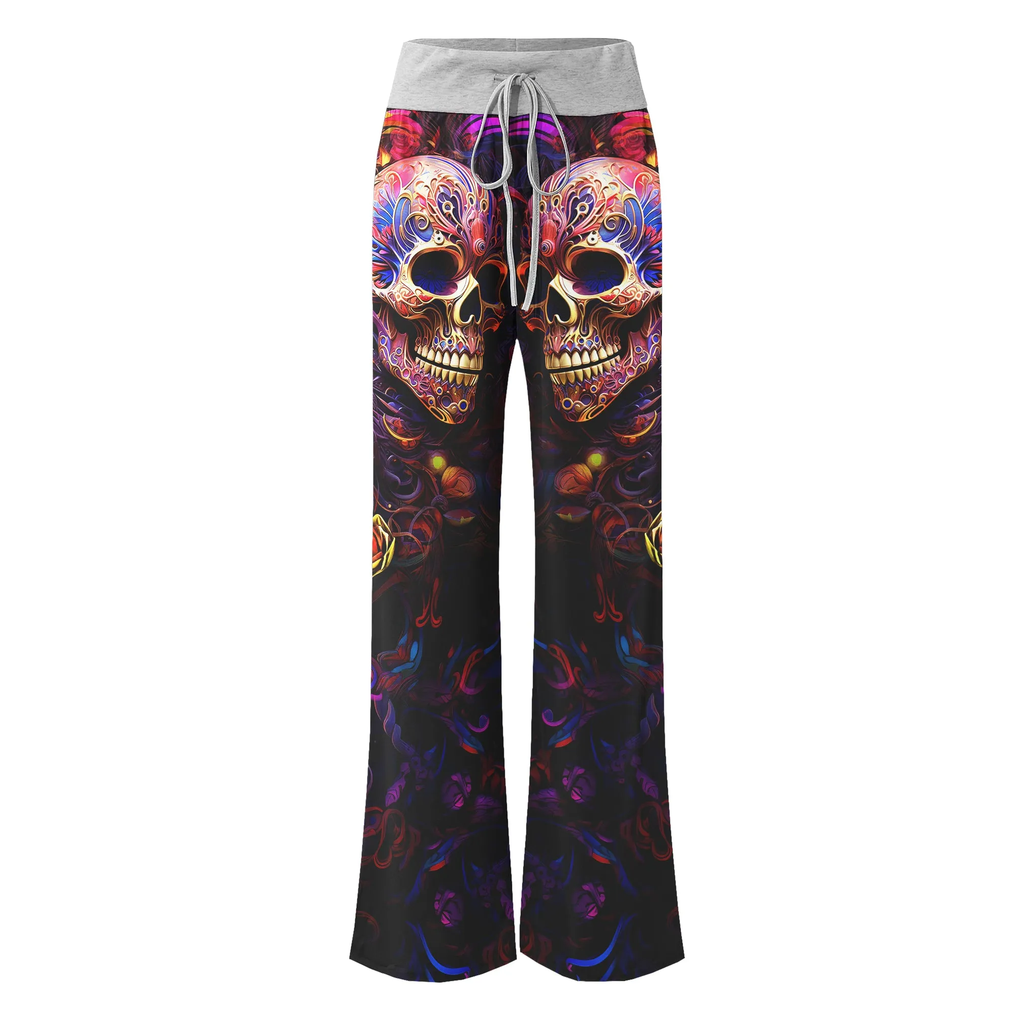 Skull Abstract Floral Art Women's High-waisted Wide Leg Pants