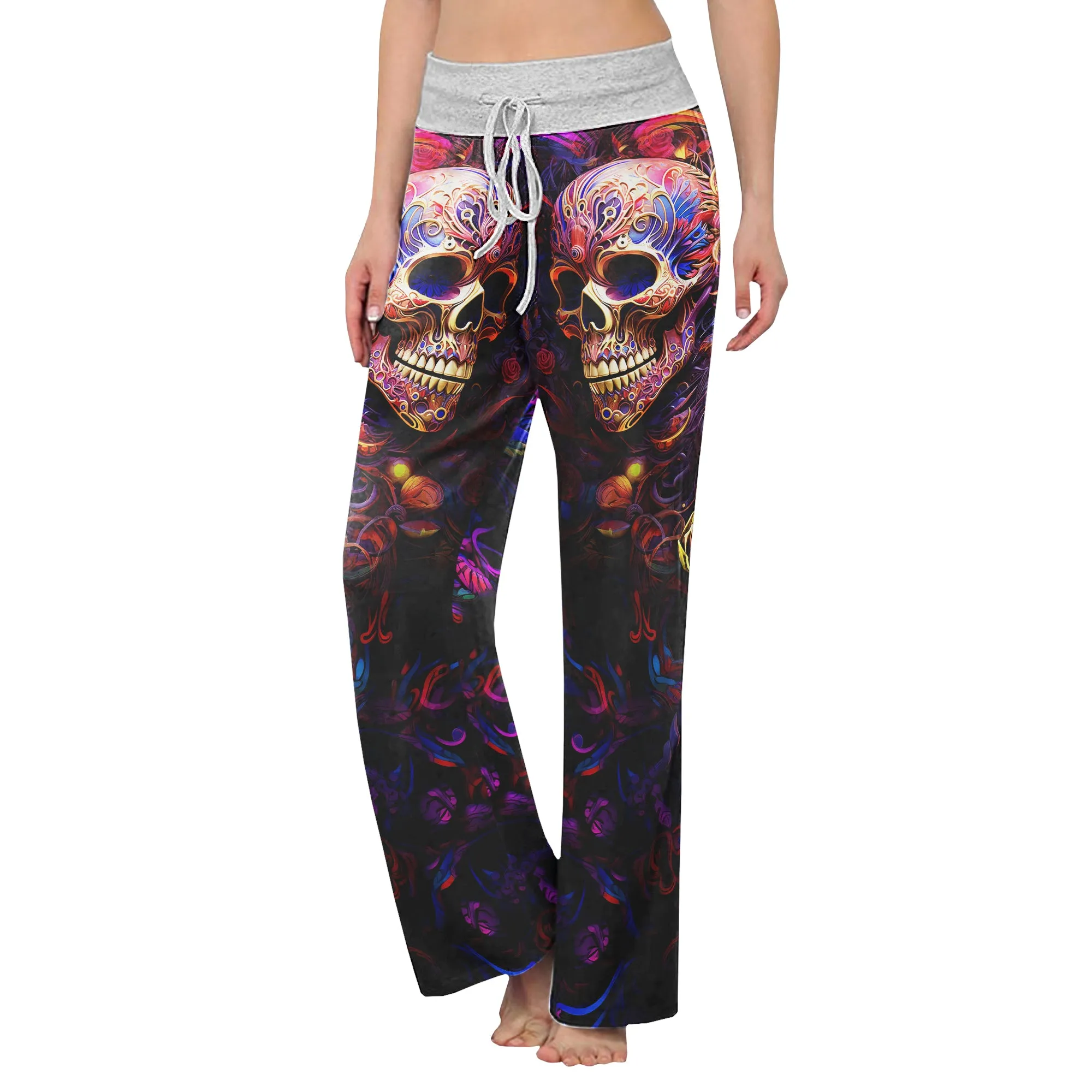 Skull Abstract Floral Art Women's High-waisted Wide Leg Pants