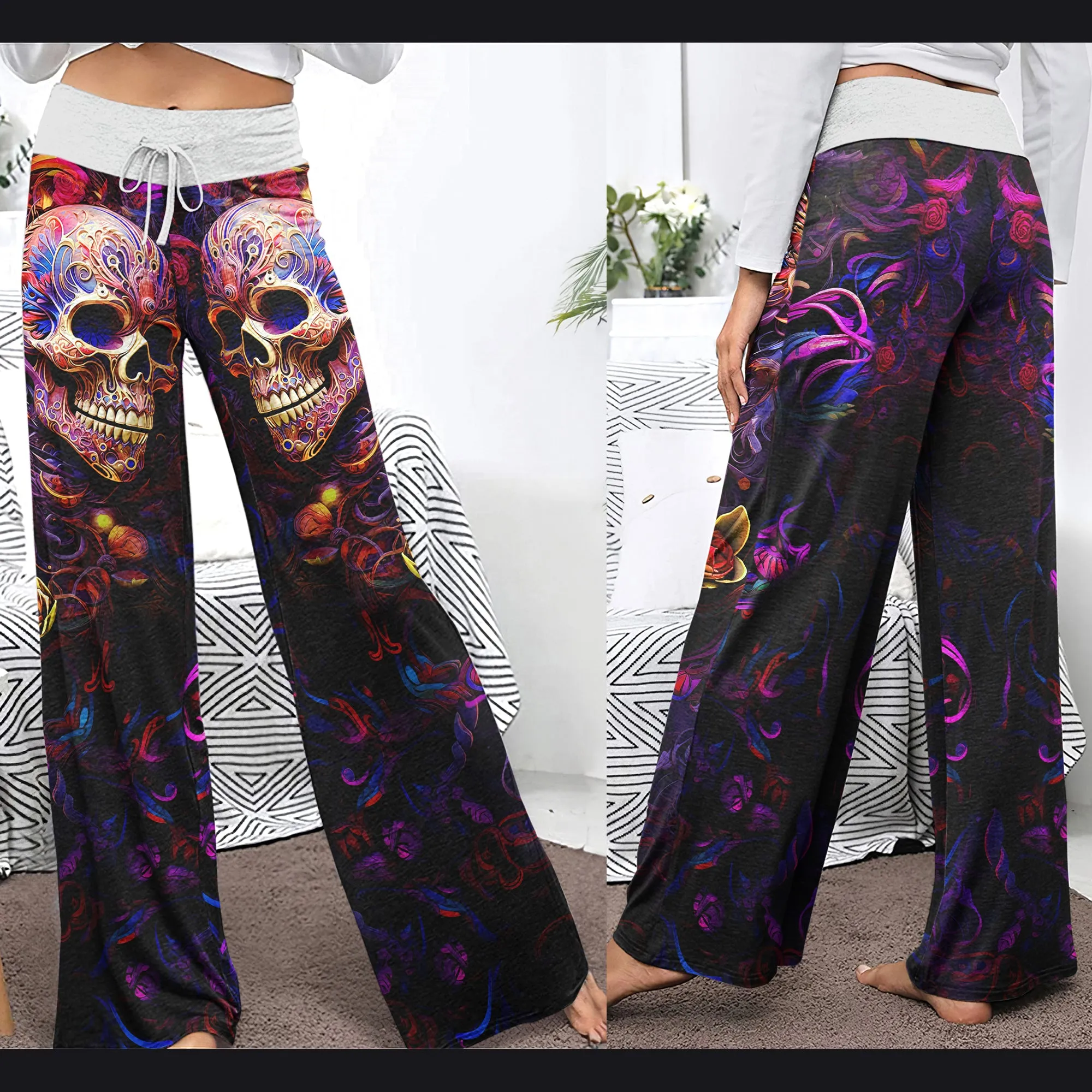 Skull Abstract Floral Art Women's High-waisted Wide Leg Pants