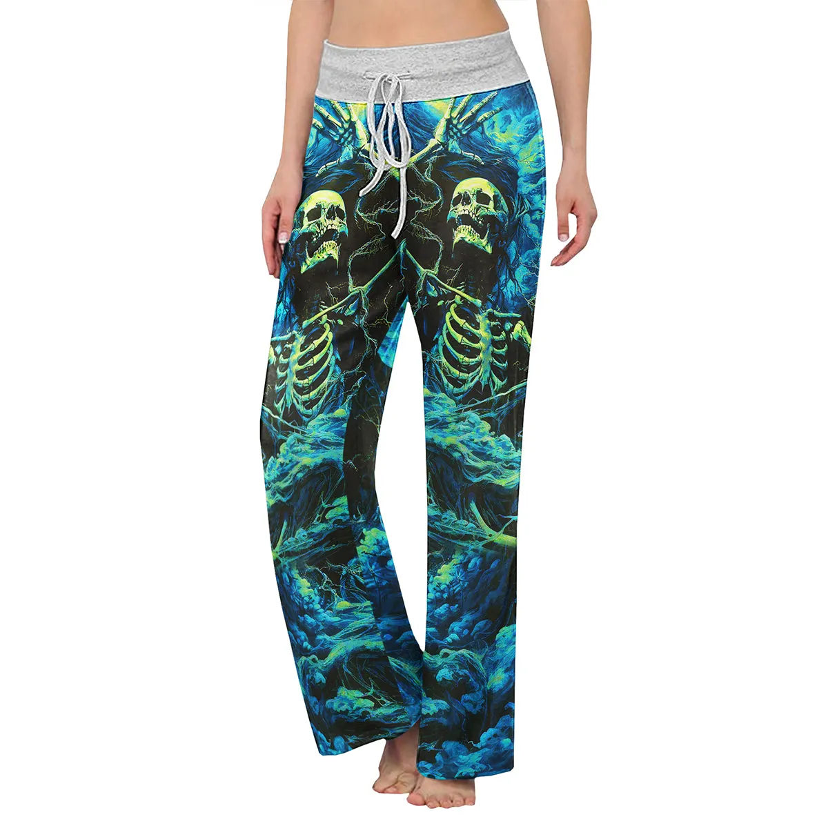 Skull Art Smoke Cyan Women's High-waisted Wide Leg Pants