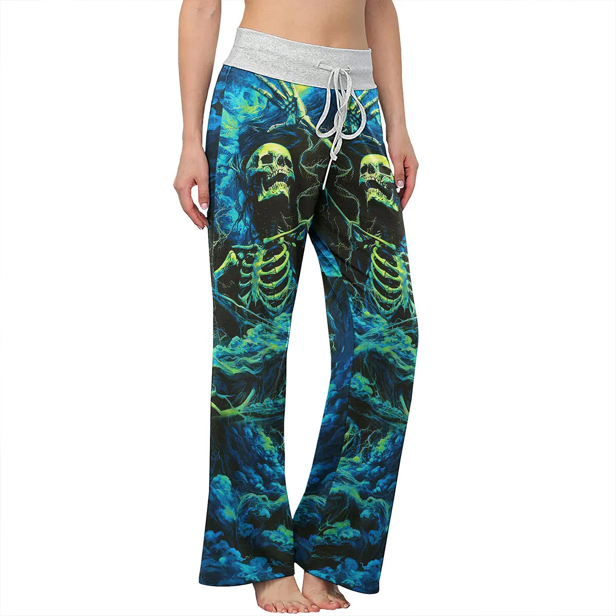 Skull Art Smoke Cyan Women's High-waisted Wide Leg Pants