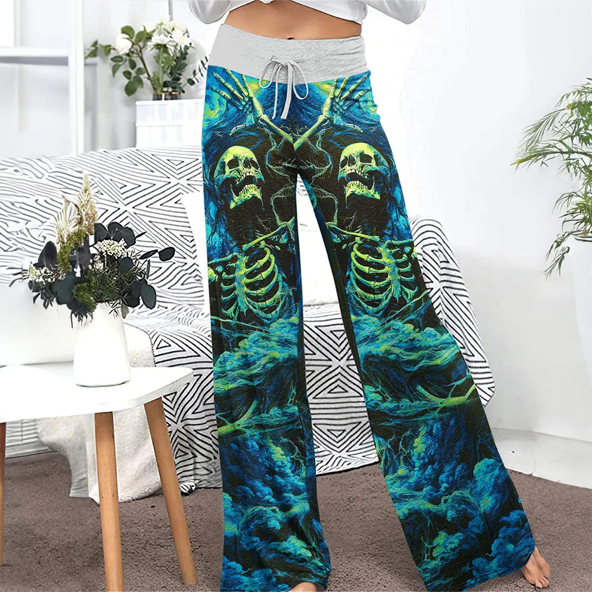 Skull Art Smoke Cyan Women's High-waisted Wide Leg Pants