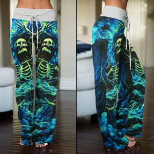 Skull Art Smoke Cyan Women's High-waisted Wide Leg Pants