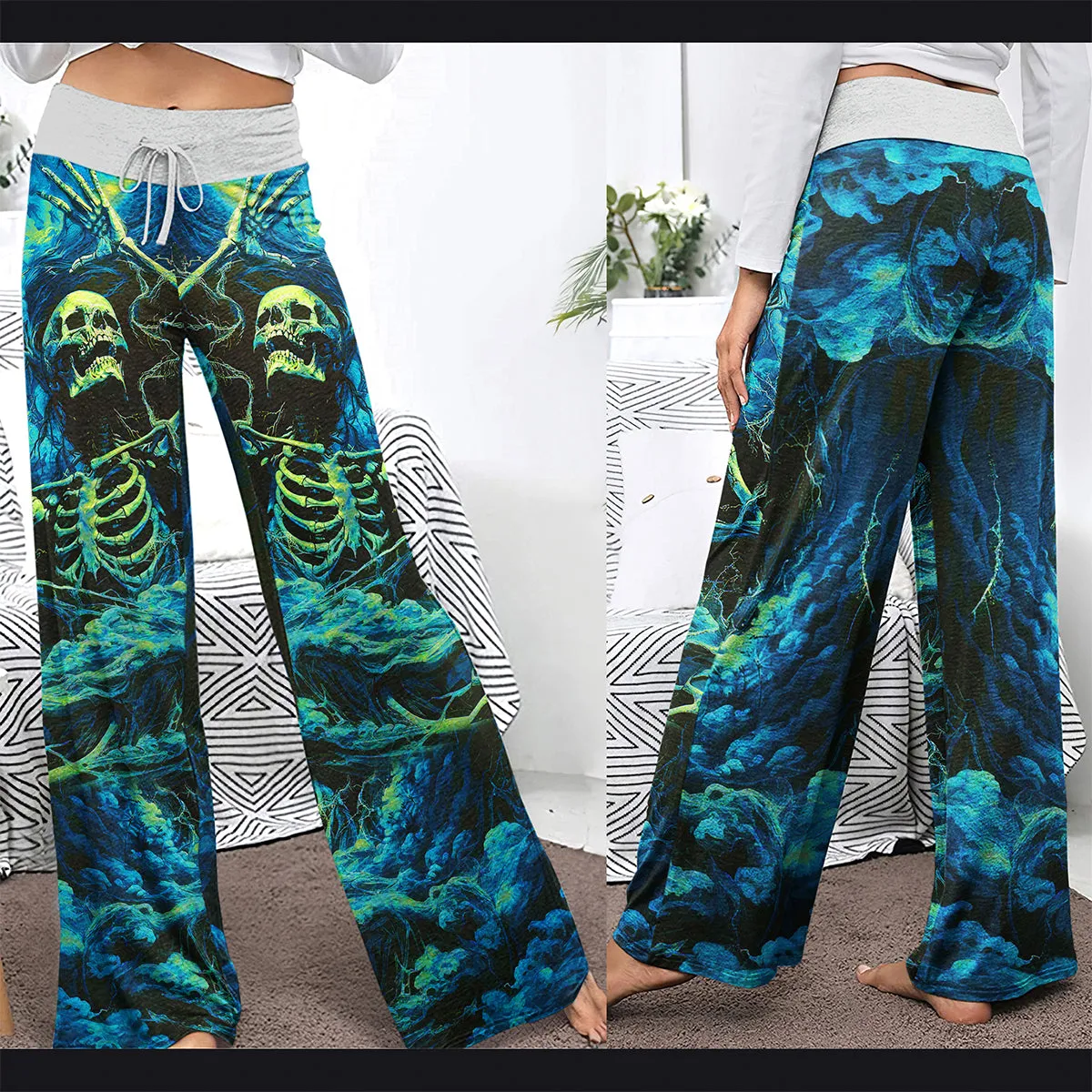 Skull Art Smoke Cyan Women's High-waisted Wide Leg Pants