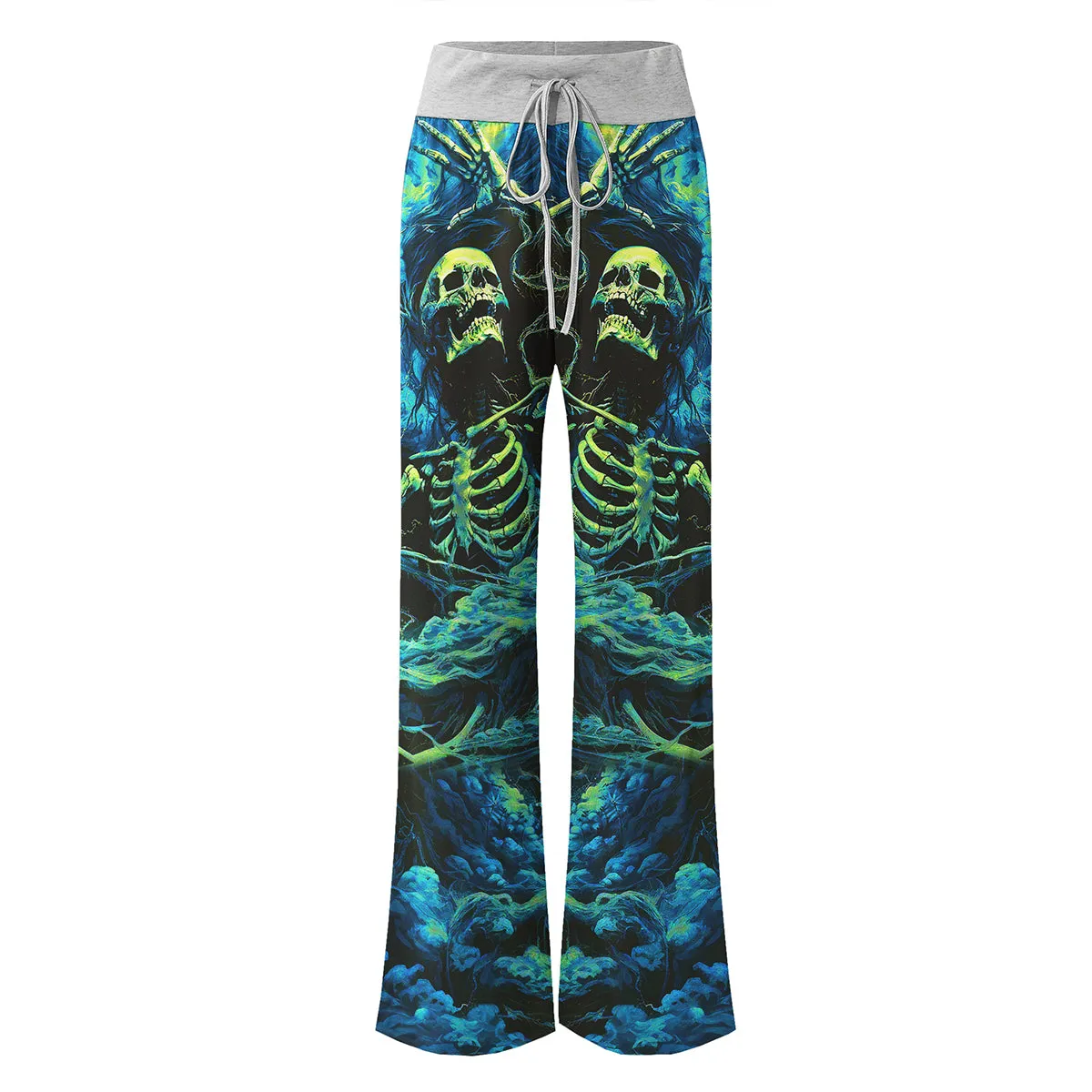Skull Art Smoke Cyan Women's High-waisted Wide Leg Pants