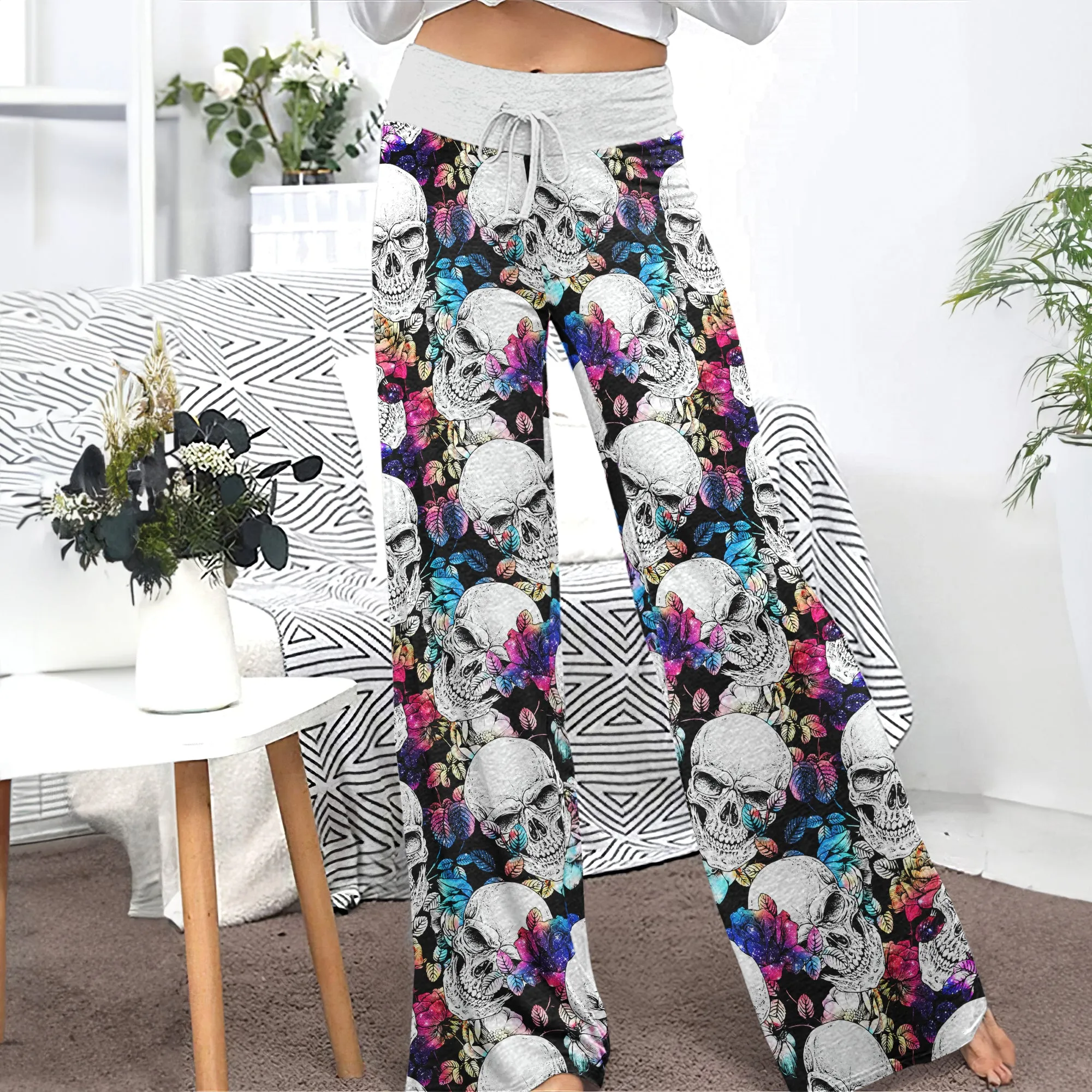 Skull Flower Galaxy Women's High-waisted Wide Leg Pants