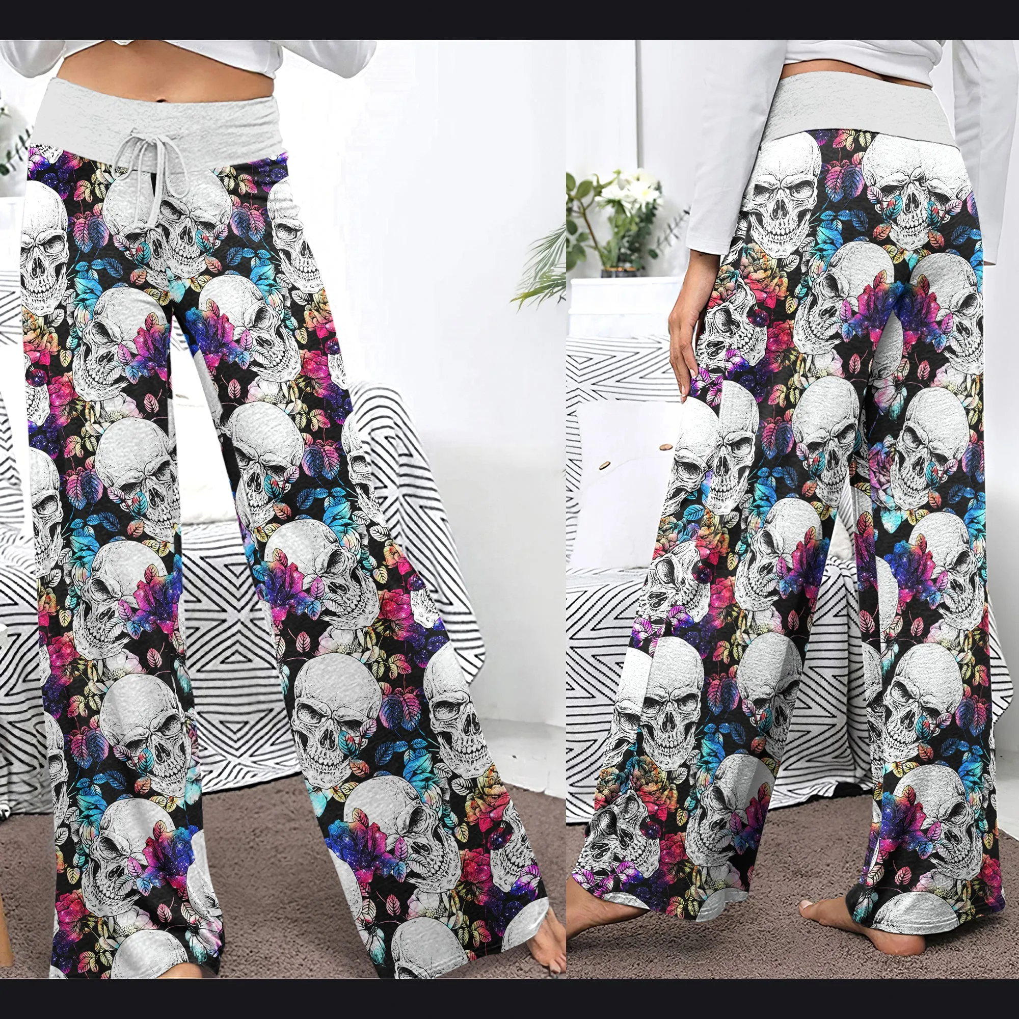 Skull Flower Galaxy Women's High-waisted Wide Leg Pants
