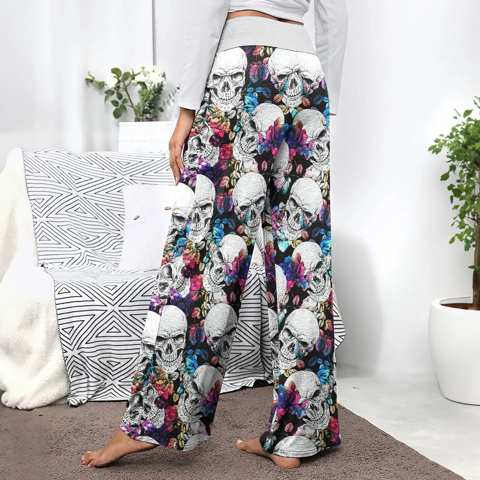 Skull Flower Galaxy Women's High-waisted Wide Leg Pants