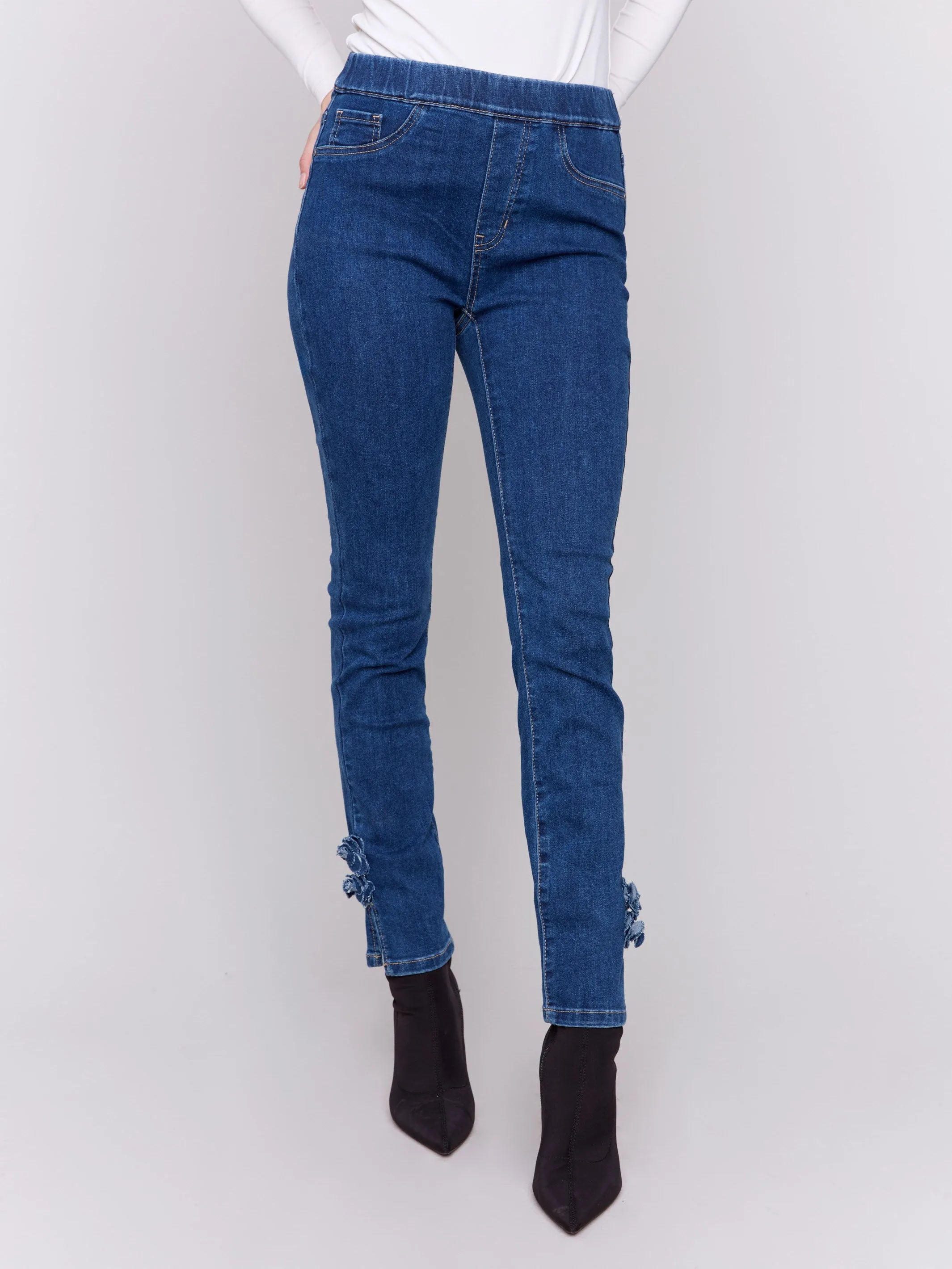 Slim Jeans With Side Roses - Indigo