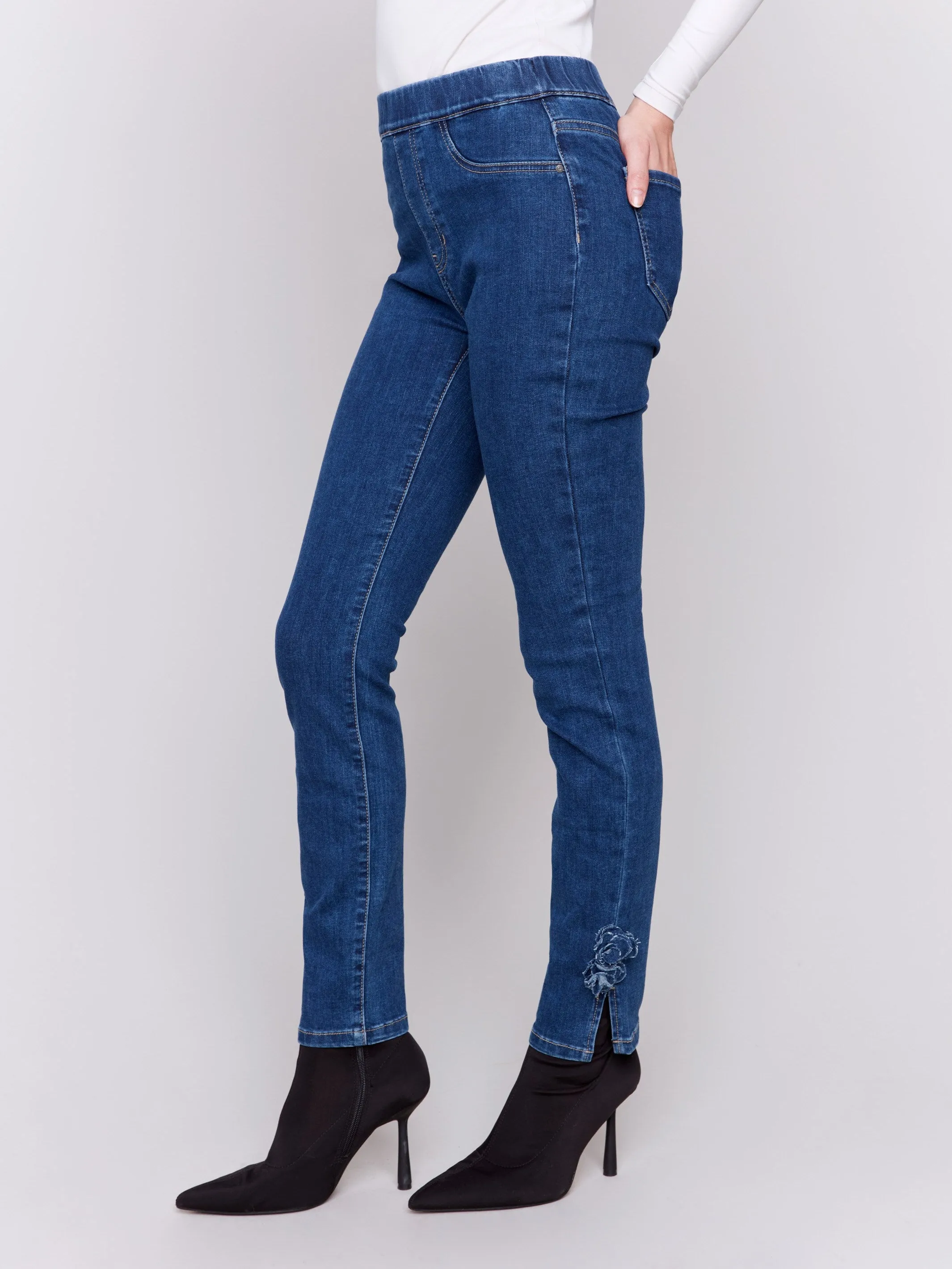Slim Jeans With Side Roses - Indigo