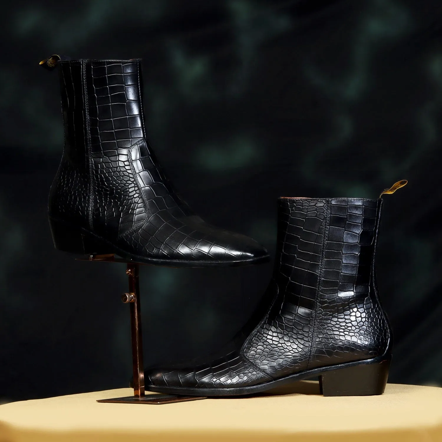 Stitched Black Chelsea Boot with Cuban Heel Zip Closure Deep Cut Leather By Brune & Bareskin